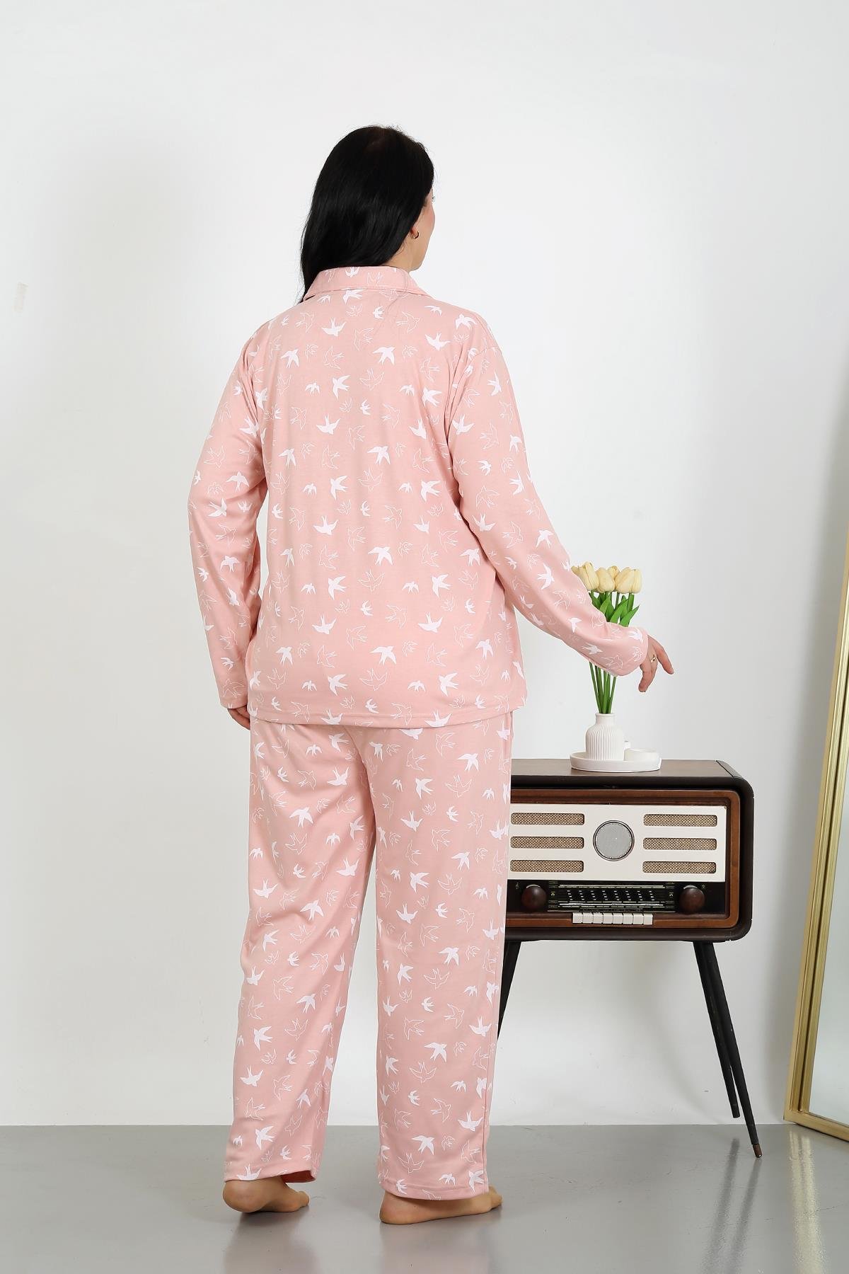 Akbeniz Kadın Büyük Beden Pamuklu Cepli Düğmeli Pudra Pijama Takım 202504