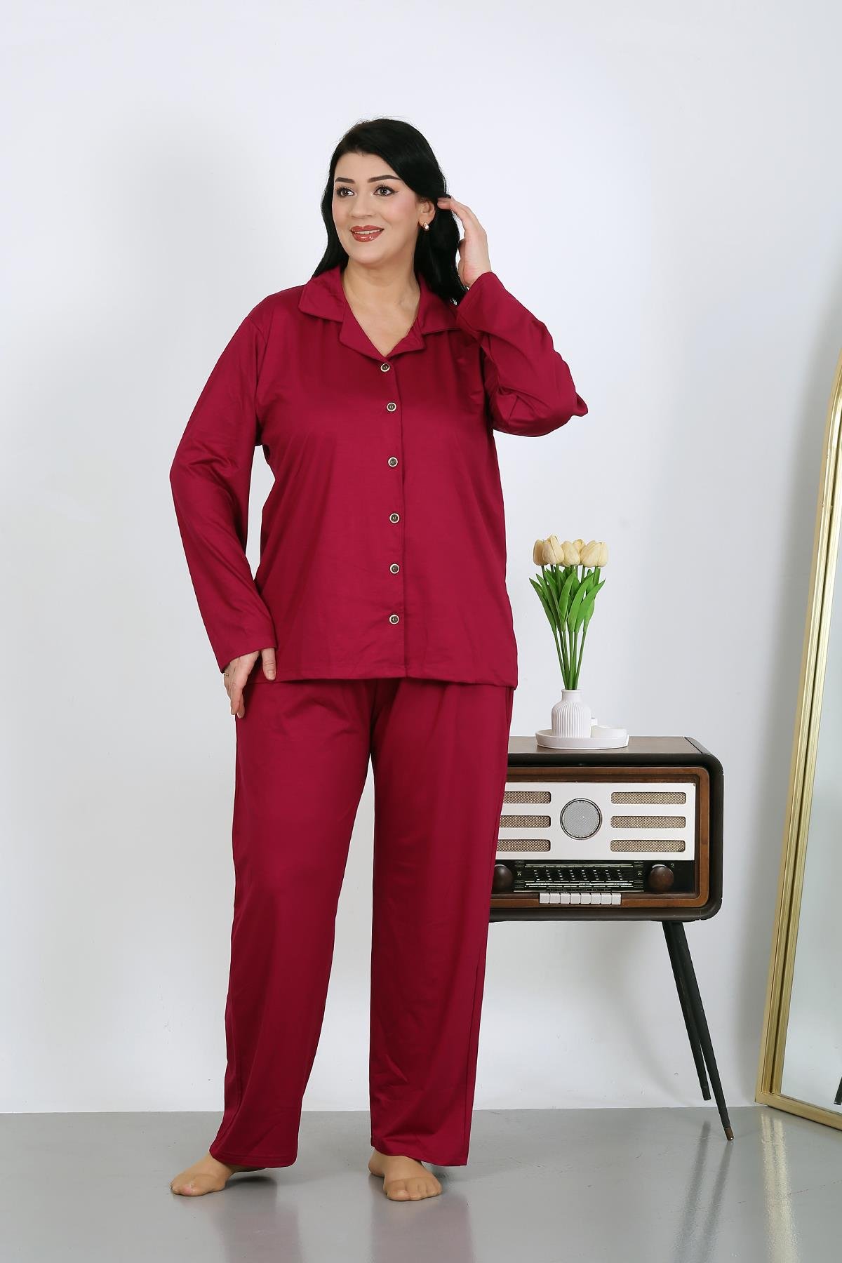 Akbeniz Kadın Büyük Beden Pamuklu Cepli Düğmeli Vişne Pijama Takım 202504