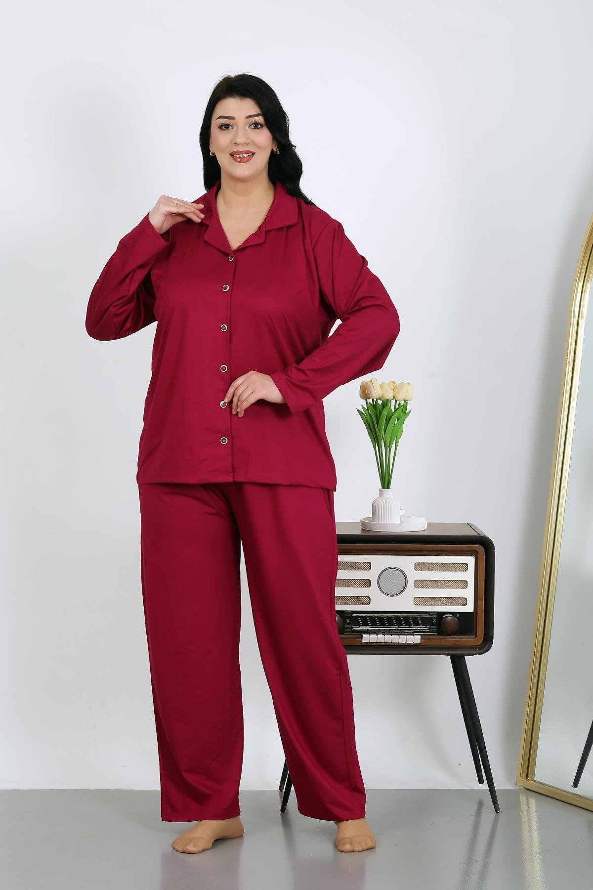 Akbeniz Kadın Büyük Beden Pamuklu Cepli Düğmeli Vişne Pijama Takım 202504