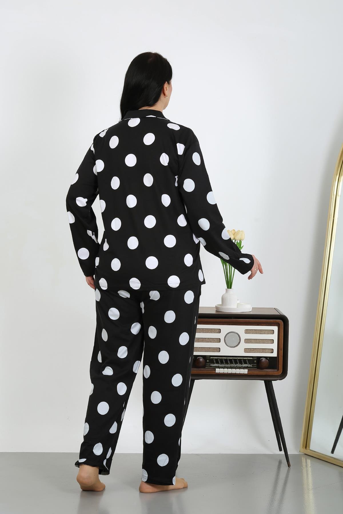 Akbeniz Kadın Büyük Beden Pamuklu Cepli Düğmeli Siyah Pijama Takım 202504