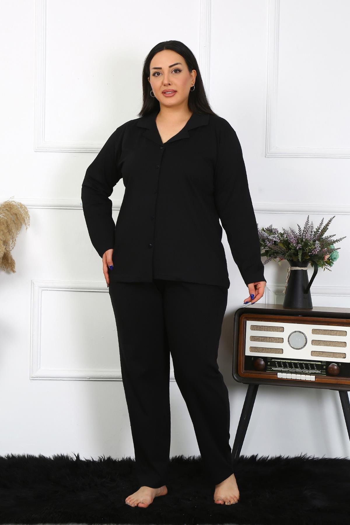 Akbeniz Kadın Büyük Beden Pamuklu Cepli Düğmeli Siyah Pijama Takım 202401