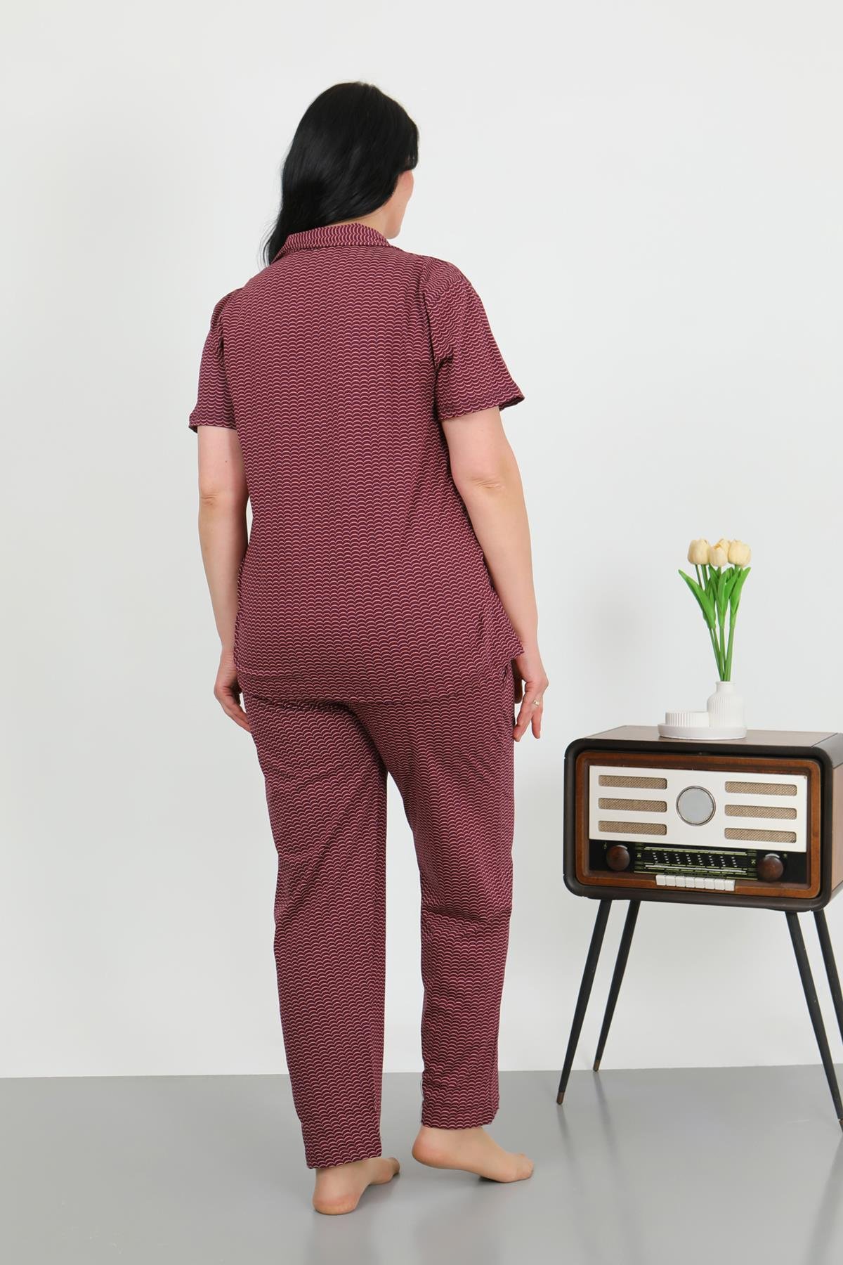 Akbeniz Kadın Büyük Beden Pamuklu Cepli Düğmeli Mor Pijama Takım 202507