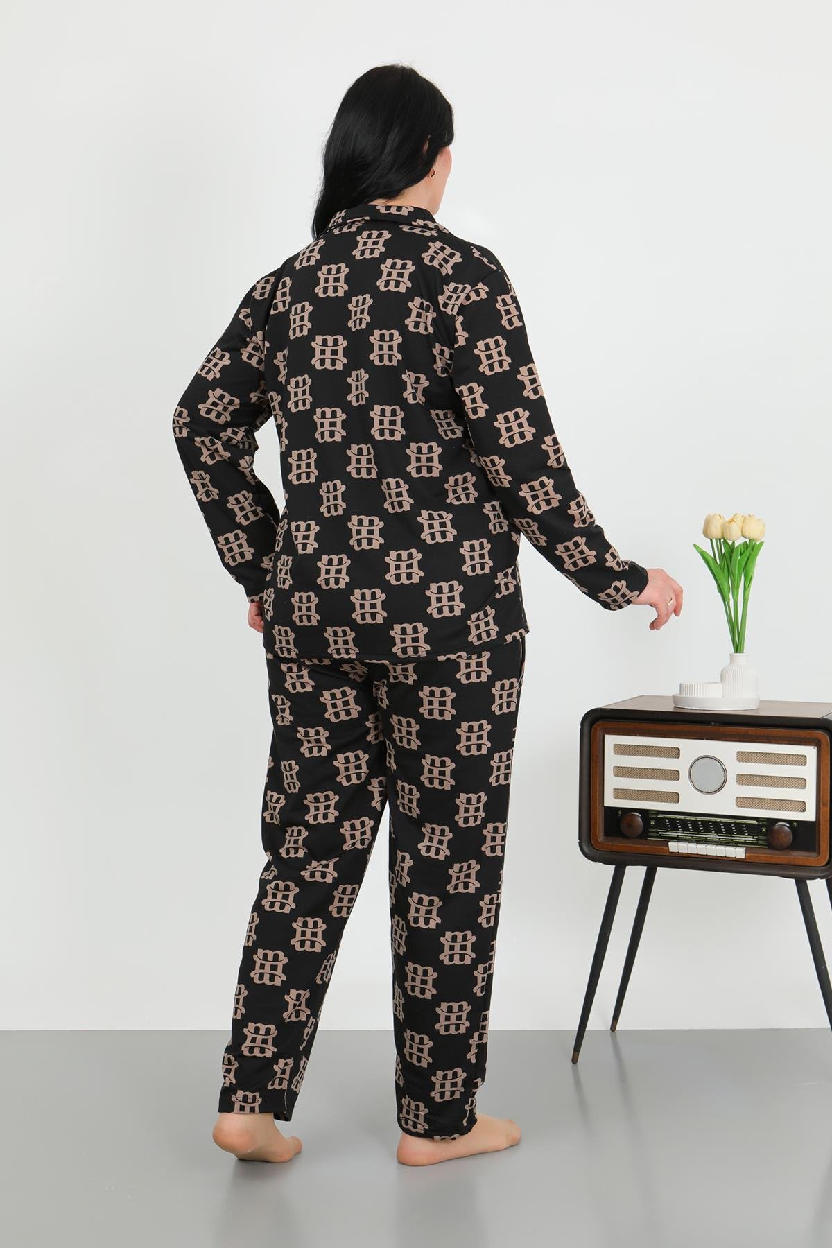 Akbeniz Kadın Büyük Beden Pamuklu Cepli Düğmeli Siyah Pijama Takım 202506