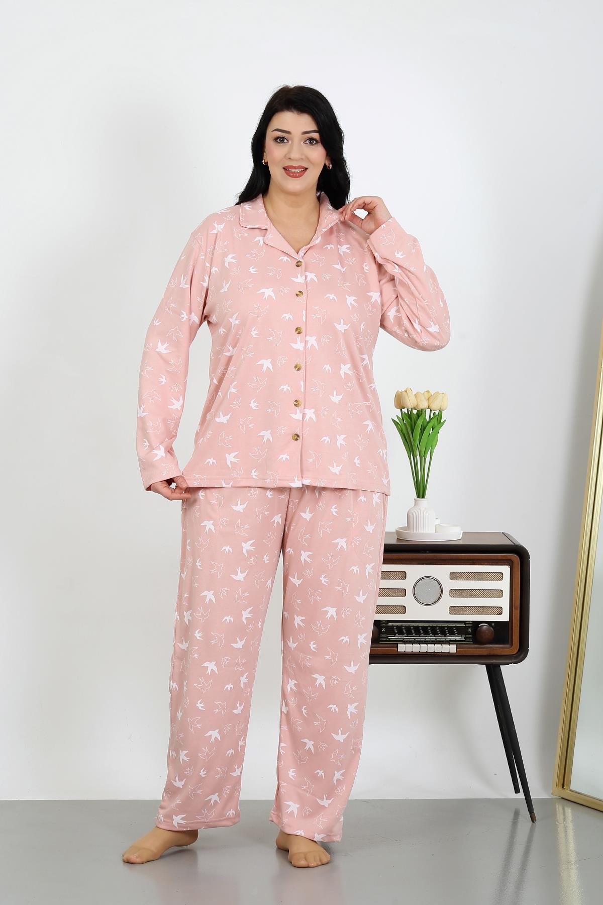 Akbeniz Kadın Büyük Beden Pamuklu Cepli Düğmeli Pudra Pijama Takım 202504