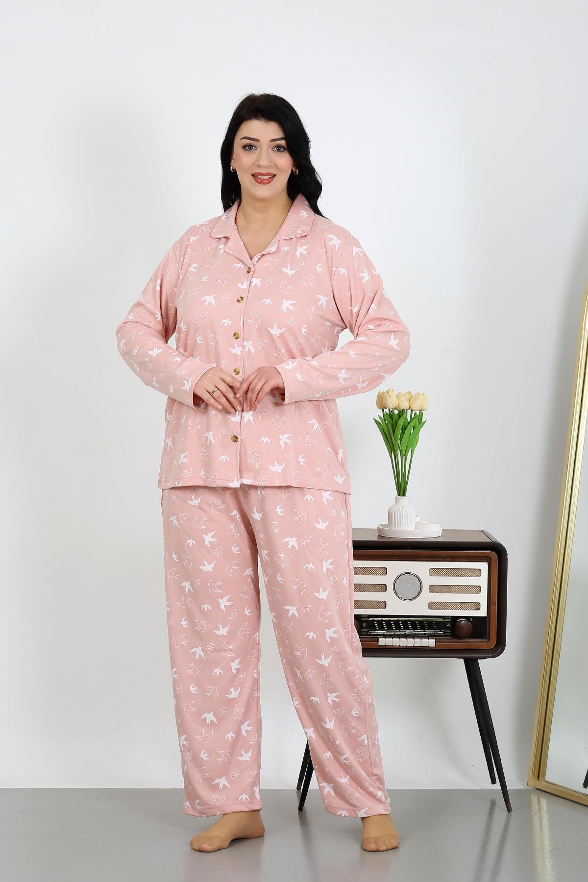 Akbeniz Kadın Büyük Beden Pamuklu Cepli Düğmeli Pudra Pijama Takım 202504