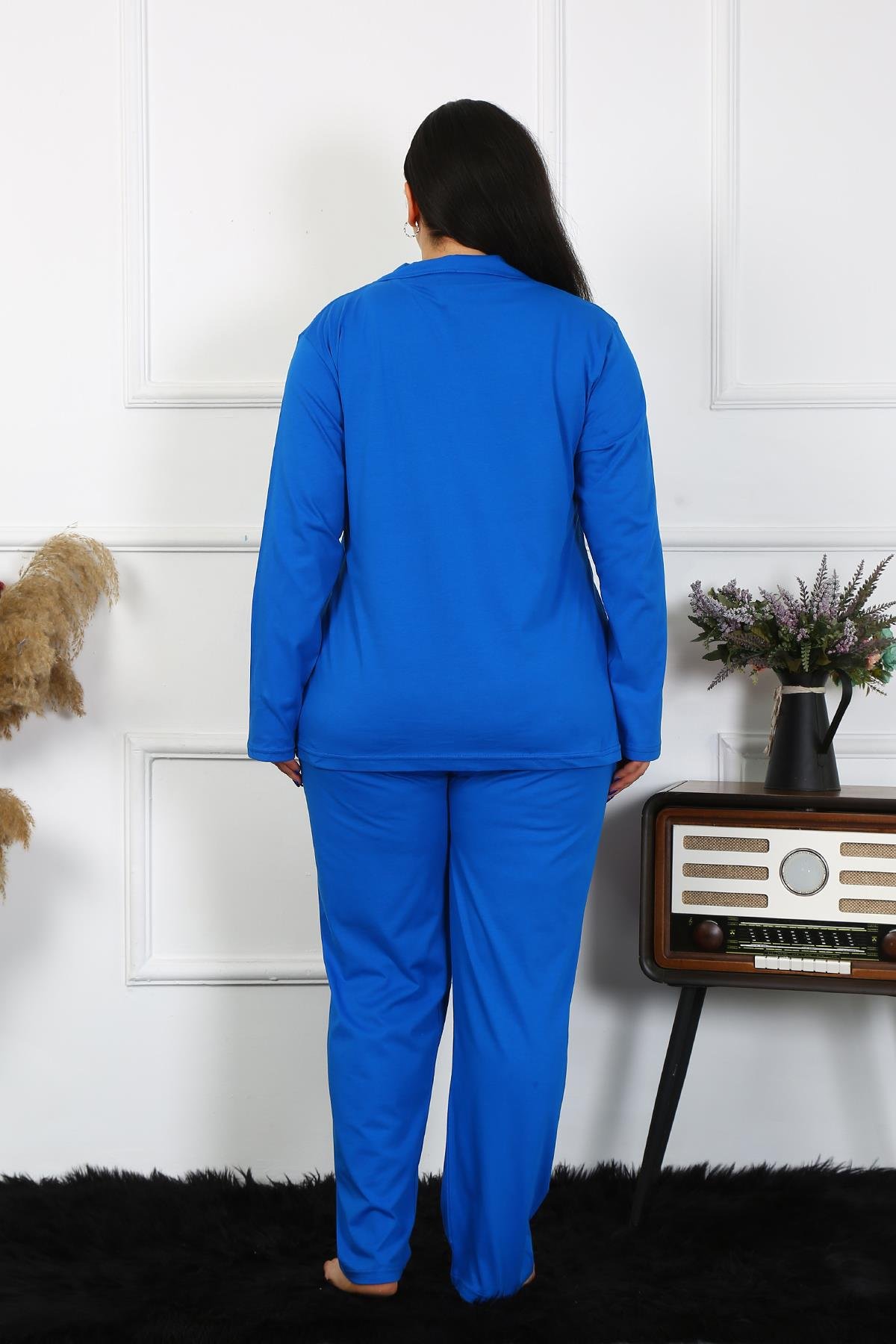 Akbeniz Kadın Büyük Beden Pamuklu Cepli Düğmeli Saks Pijama Takım 202401