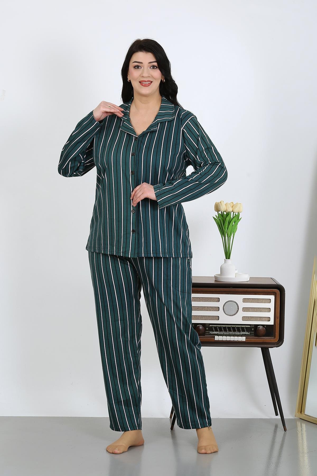 Akbeniz Kadın Büyük Beden Pamuklu Cepli Düğmeli Petrol Pijama Takım 202504