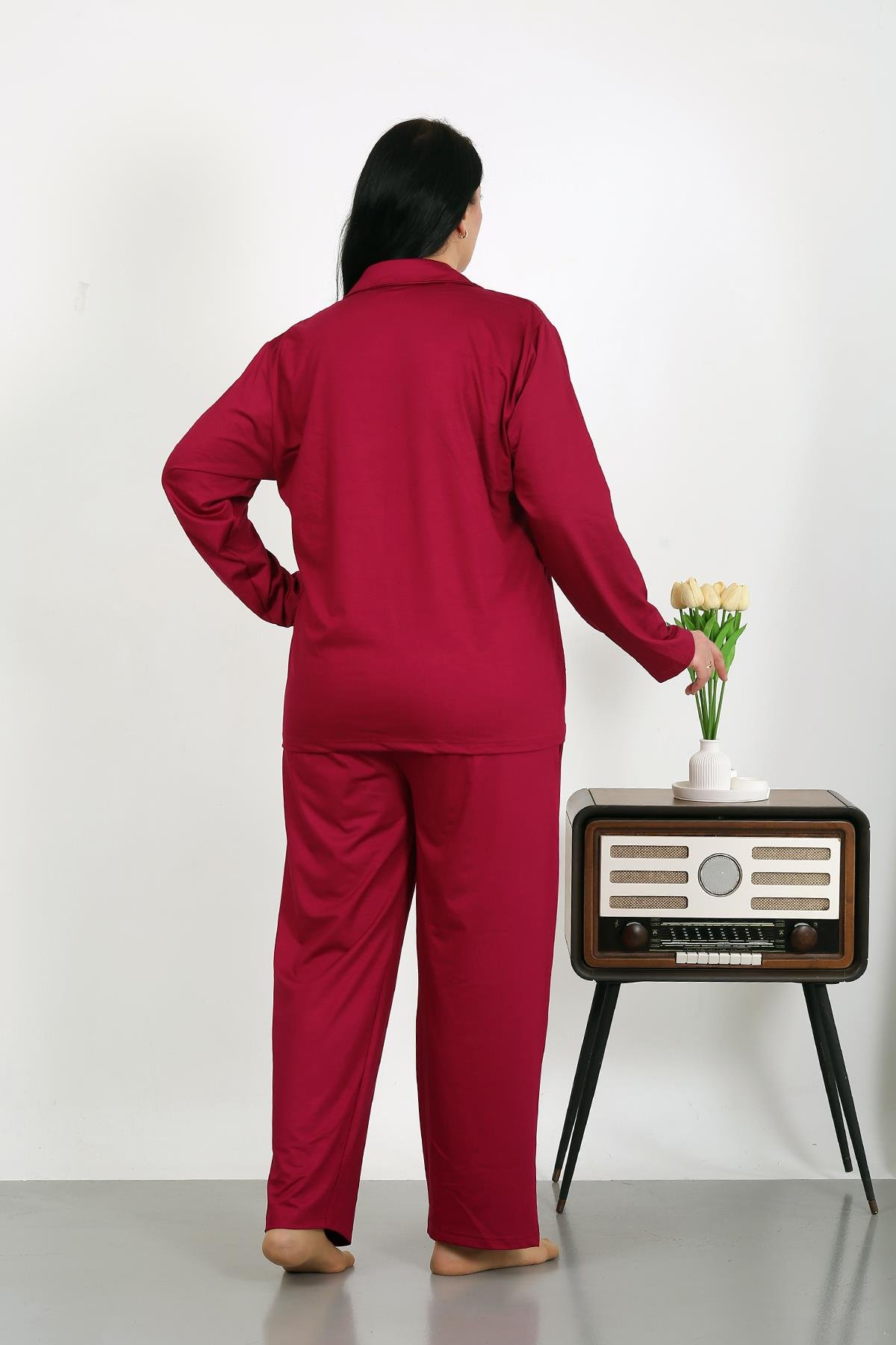 Akbeniz Kadın Büyük Beden Pamuklu Cepli Düğmeli Vişne Pijama Takım 202504