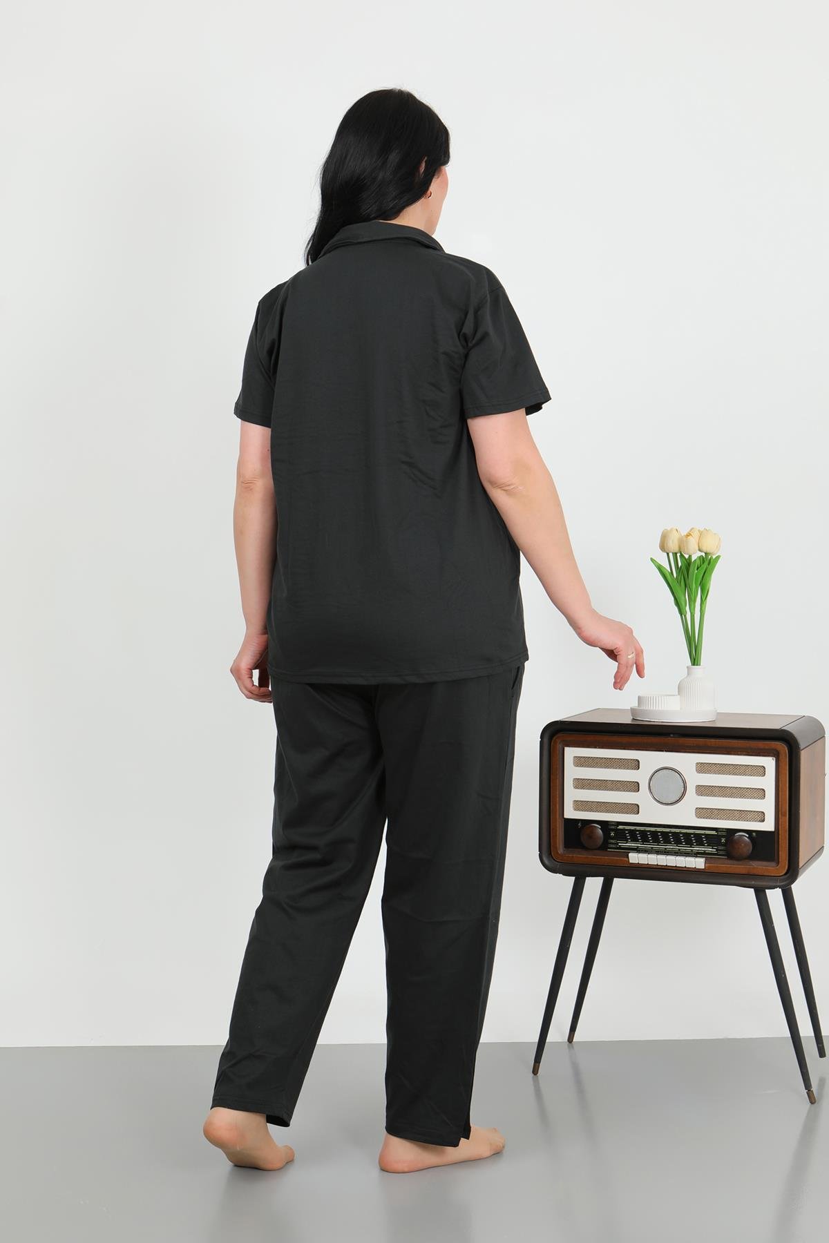 Akbeniz Kadın Büyük Beden Pamuklu Cepli Düğmeli Siyah Pijama Takım 202507