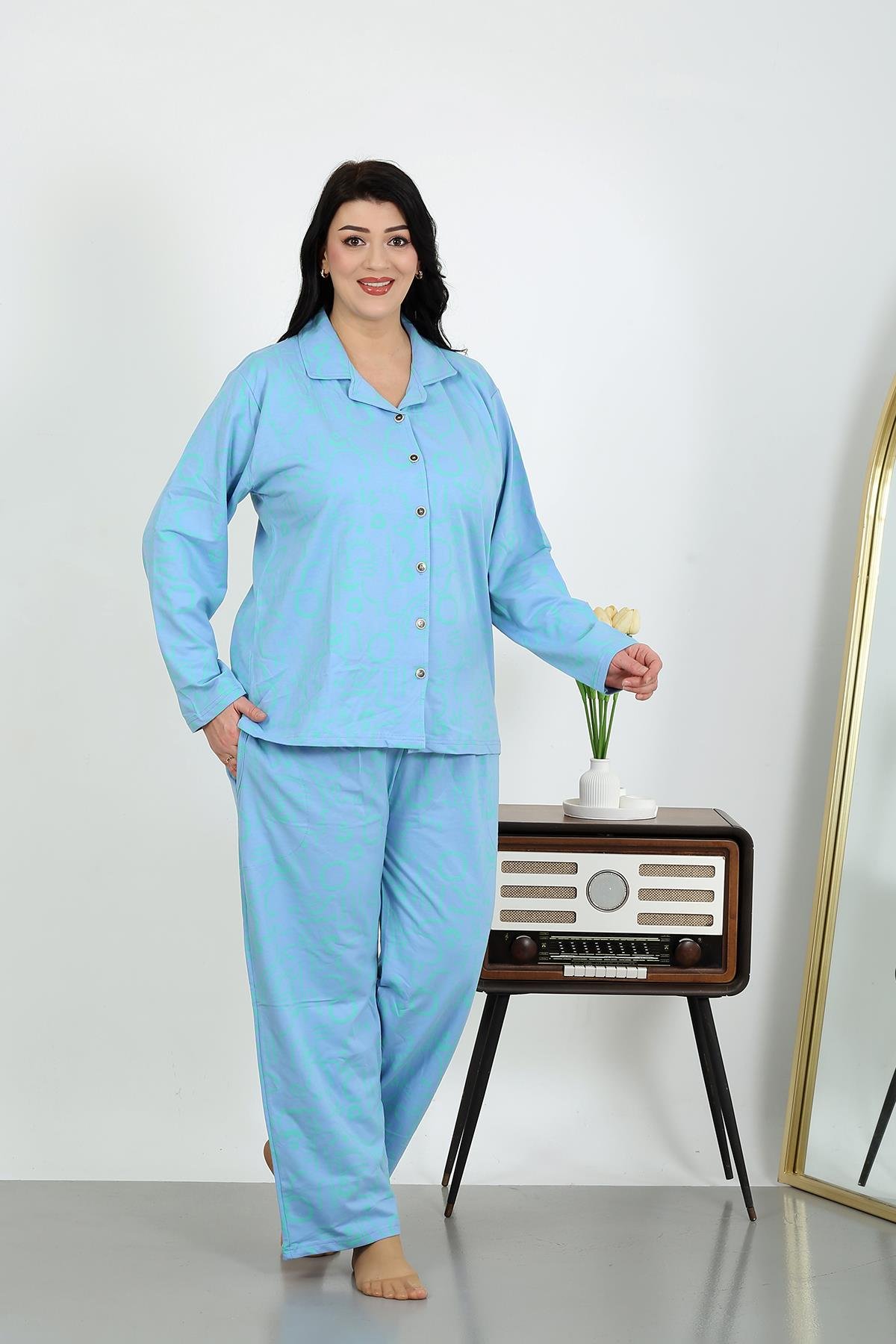 Akbeniz Kadın Büyük Beden Pamuklu Cepli Düğmeli Mavi Pijama Takım 202504