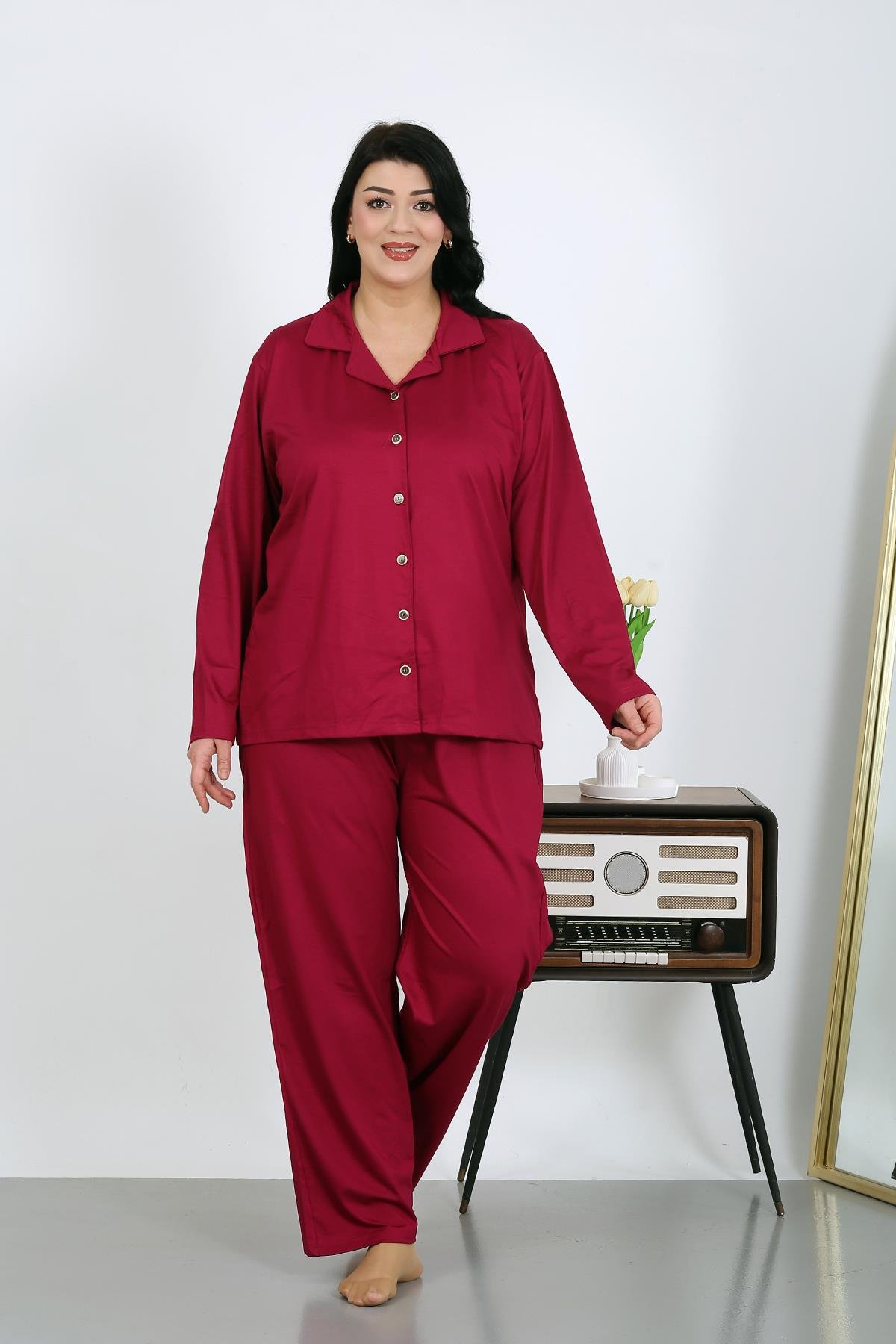Akbeniz Kadın Büyük Beden Pamuklu Cepli Düğmeli Vişne Pijama Takım 202504
