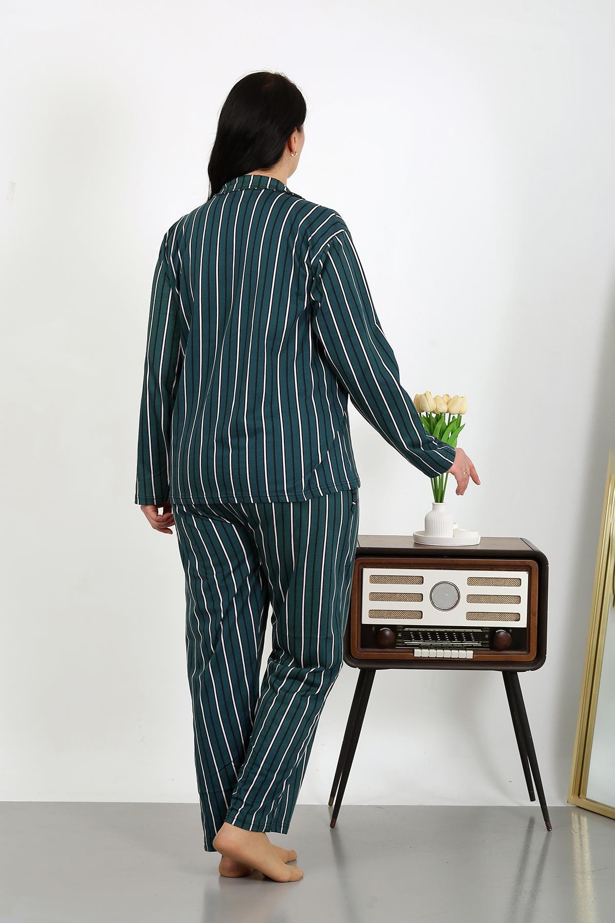 Akbeniz Kadın Büyük Beden Pamuklu Cepli Düğmeli Petrol Pijama Takım 202504