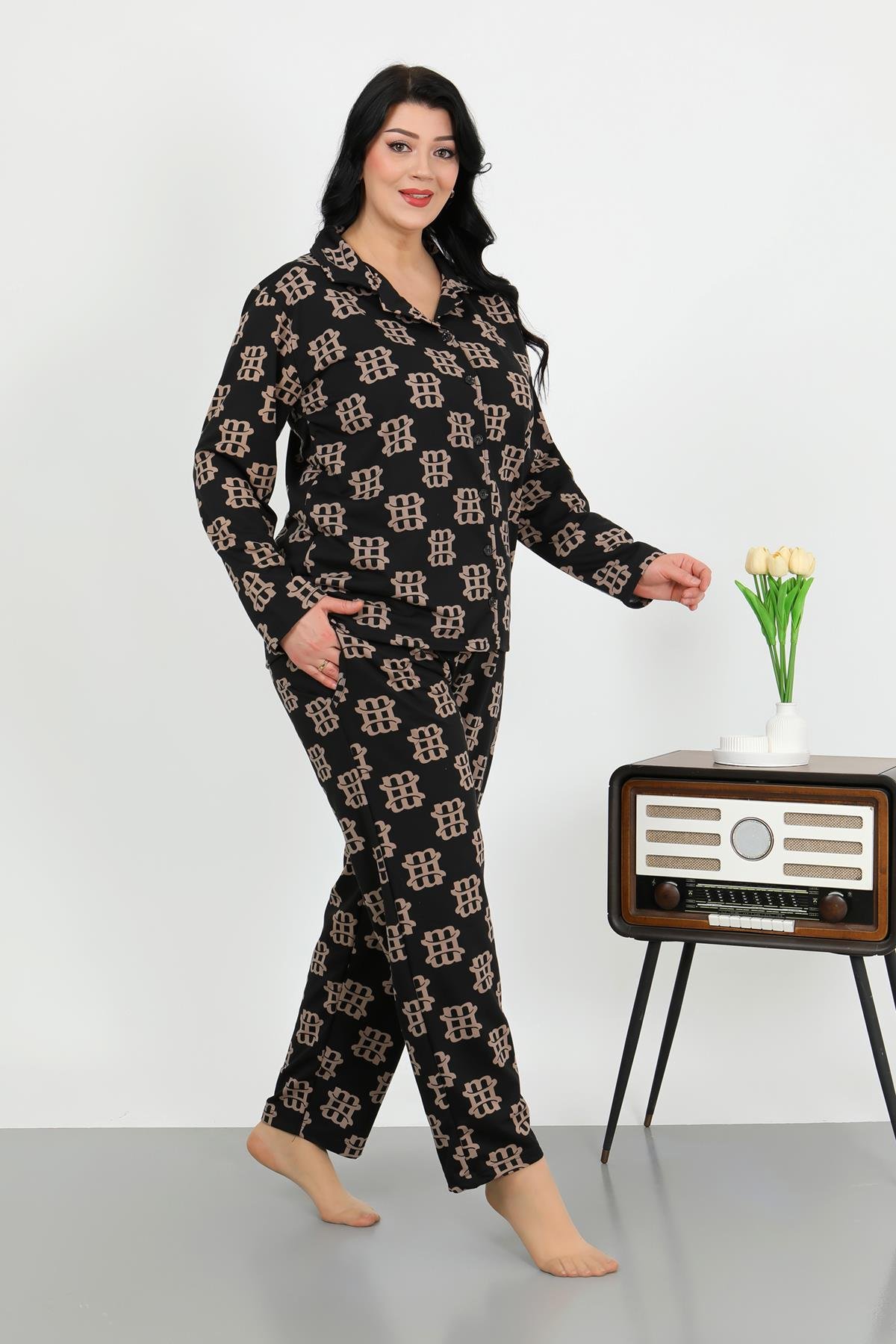 Akbeniz Kadın Büyük Beden Pamuklu Cepli Düğmeli Siyah Pijama Takım 202506