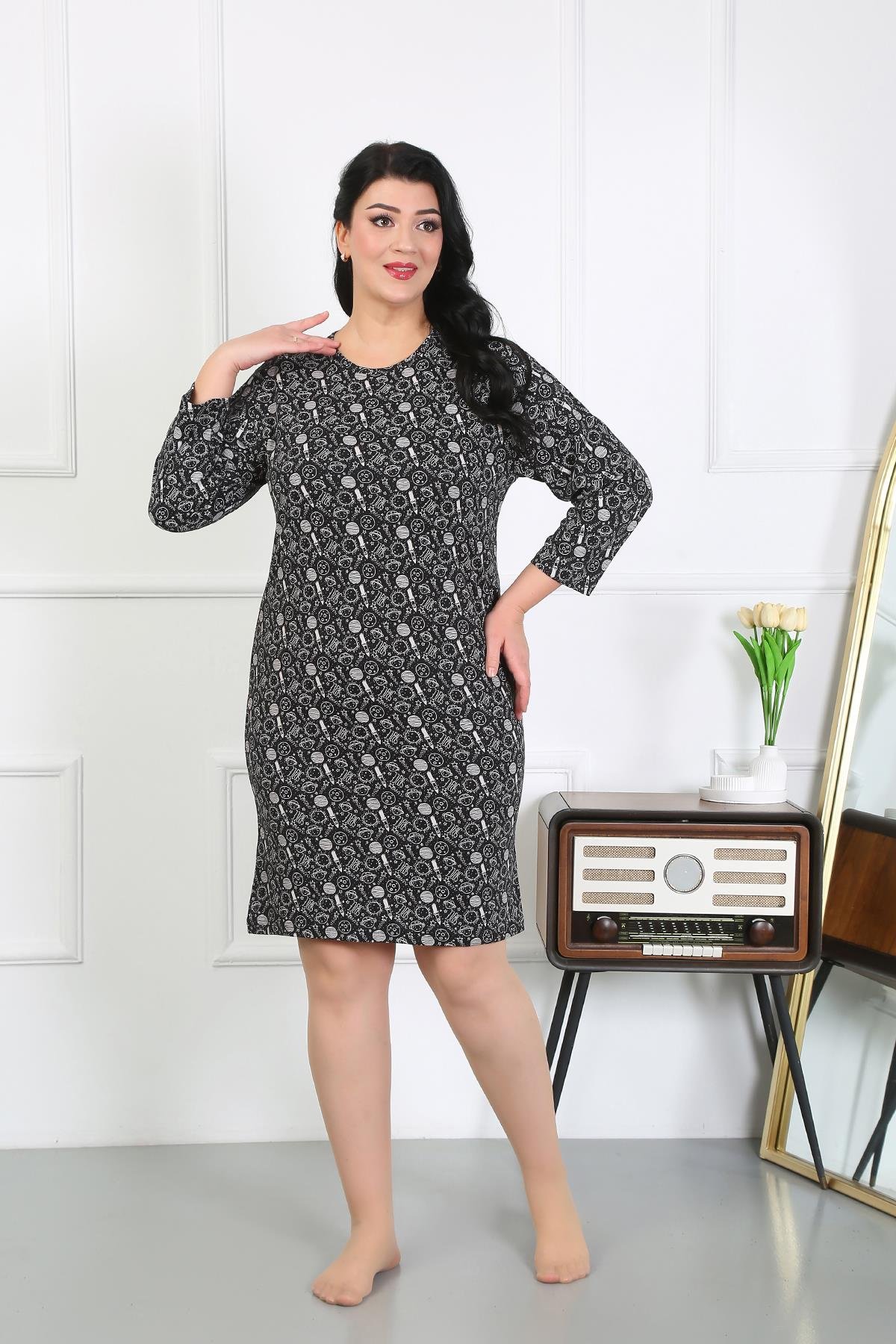 Akbeniz Kadın Büyük Beden Penye Gecelik Ev Elbisesi Siyah 12507