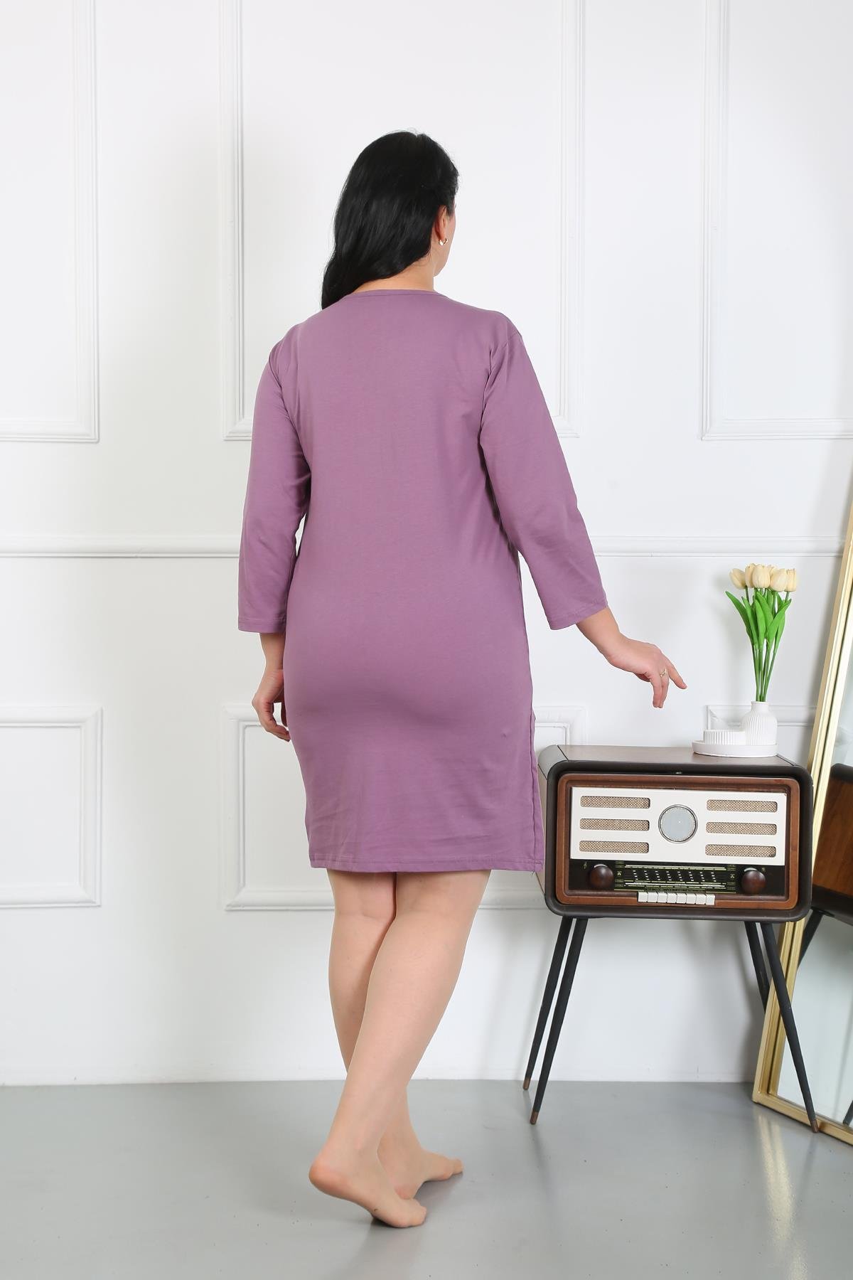 Akbeniz Kadın Büyük Beden Penye Gecelik Ev Elbisesi Mürdüm 12506