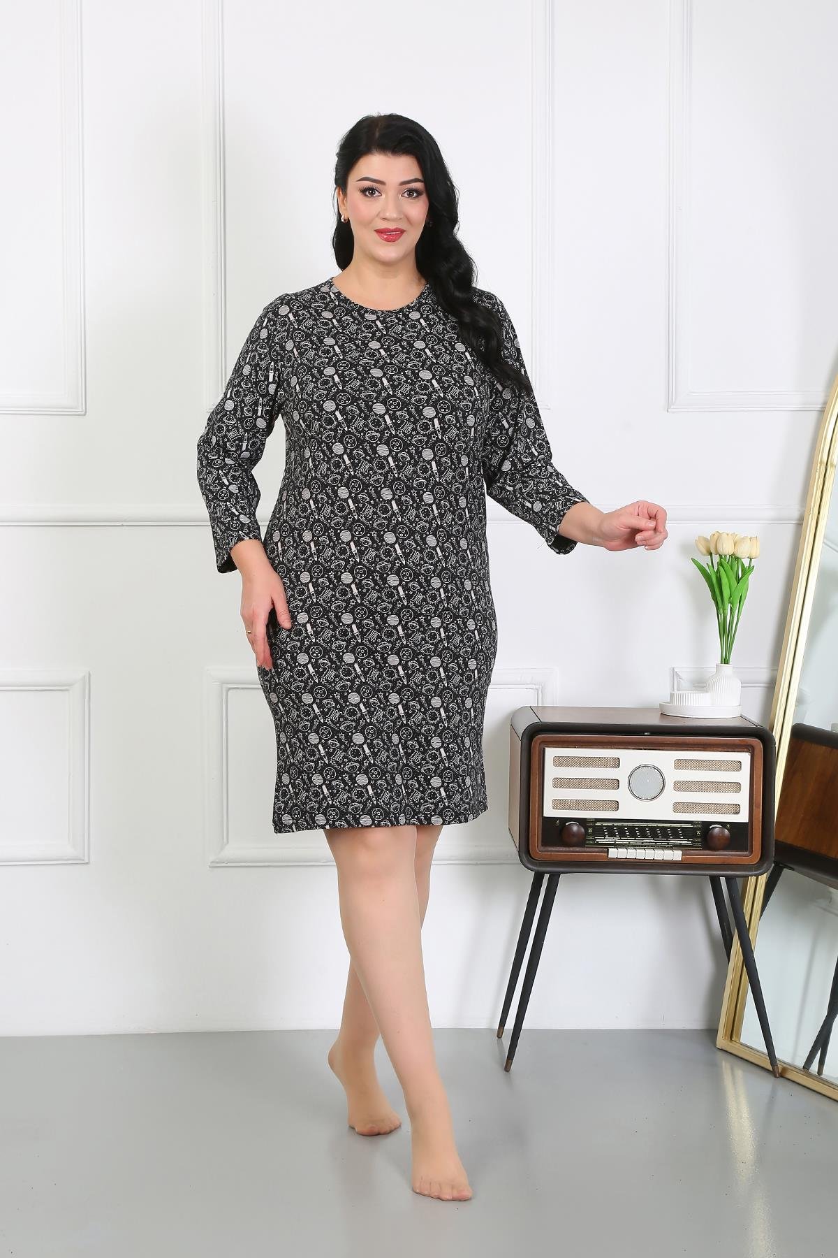 Akbeniz Kadın Büyük Beden Penye Gecelik Ev Elbisesi Siyah 12507