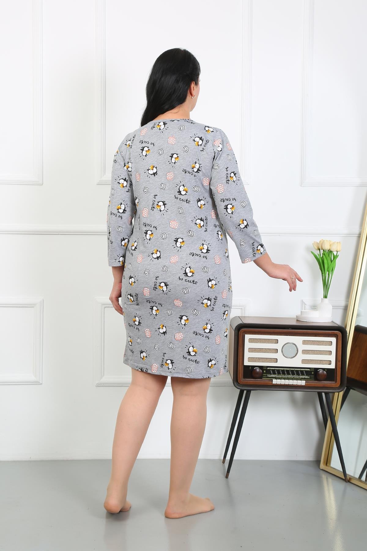 Akbeniz Kadın Büyük Beden Penye Gecelik Ev Elbisesi Gri 12507