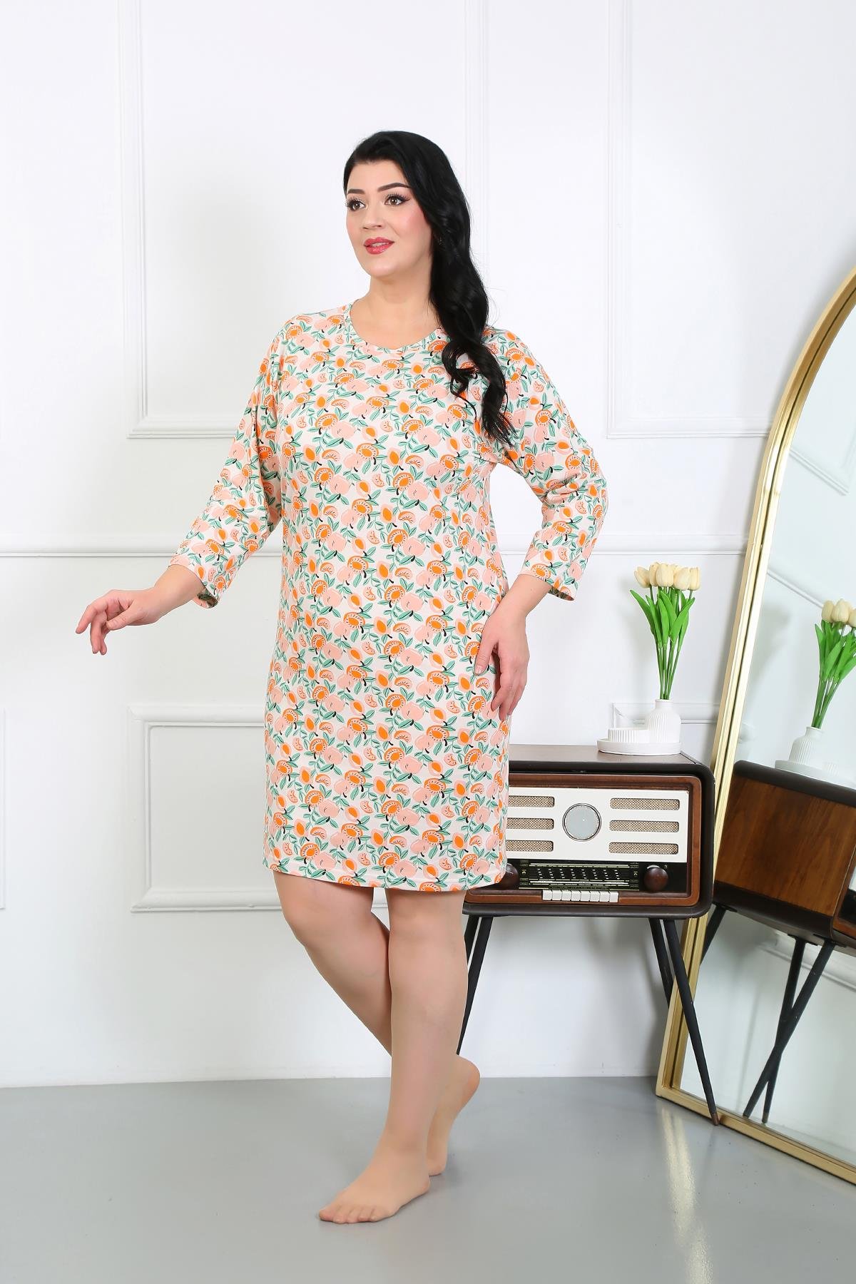 Akbeniz Kadın Büyük Beden Penye Gecelik Ev Elbisesi Krem 12507