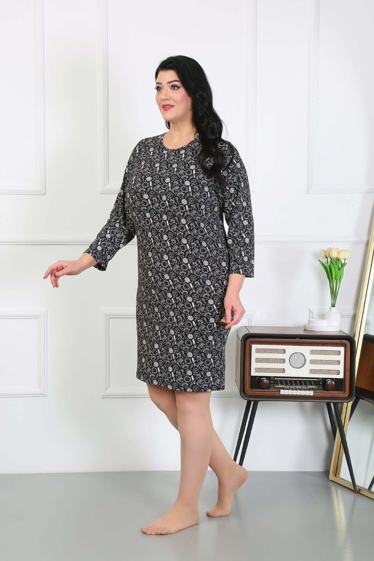 Akbeniz Kadın Büyük Beden Penye Gecelik Ev Elbisesi Siyah 12507