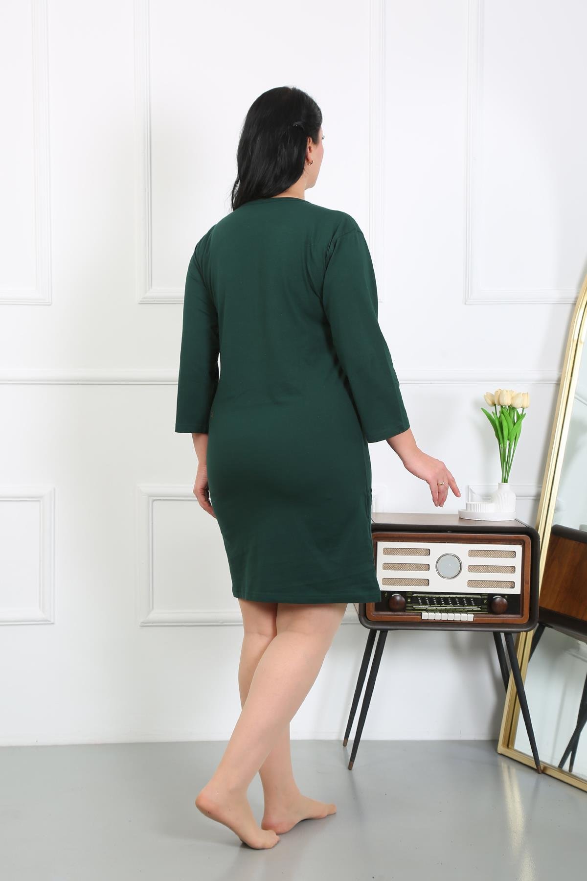 Akbeniz Kadın Büyük Beden Penye Gecelik Ev Elbisesi Zümrüt Yeşili 12506