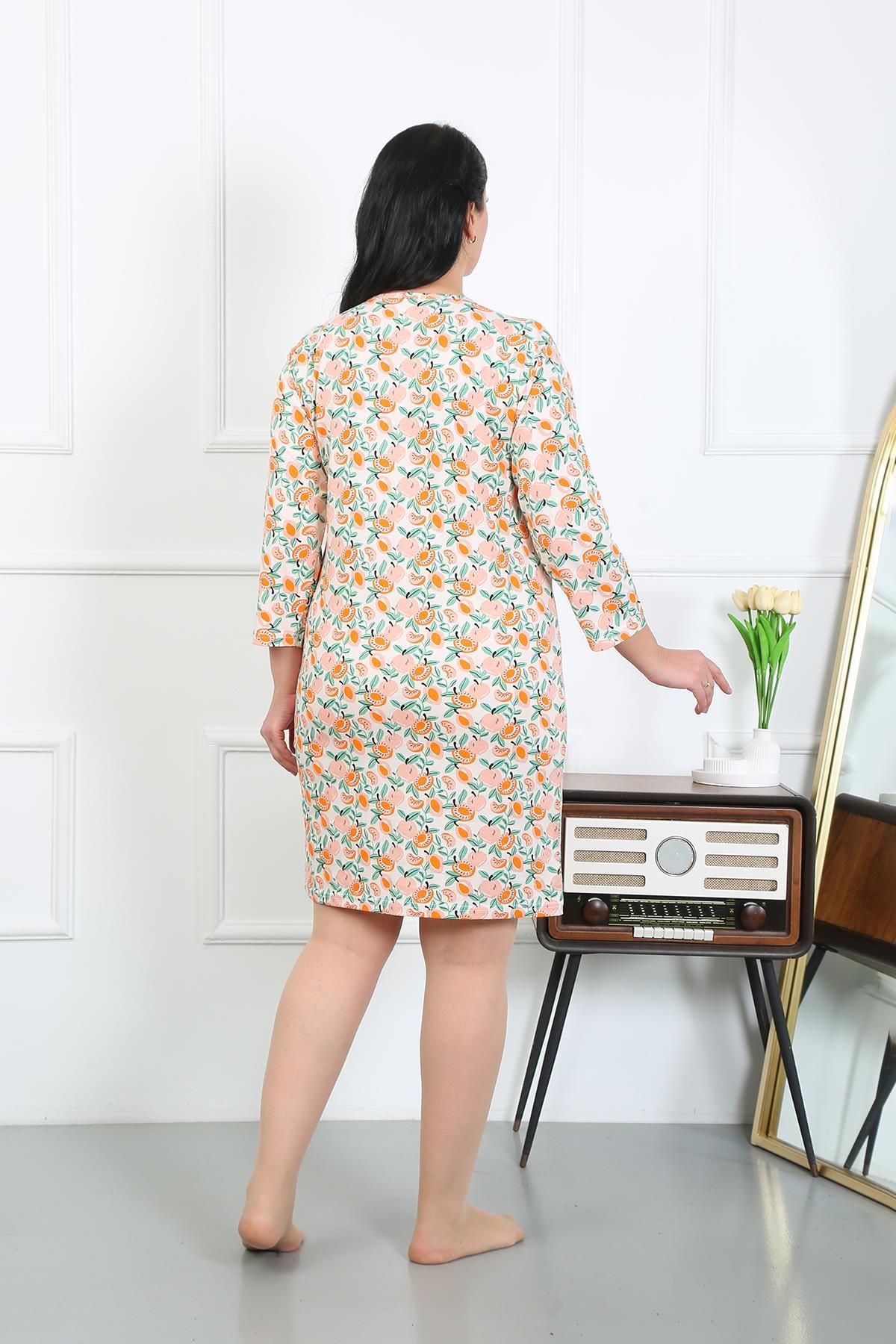 Akbeniz Kadın Büyük Beden Penye Gecelik Ev Elbisesi Krem 12507