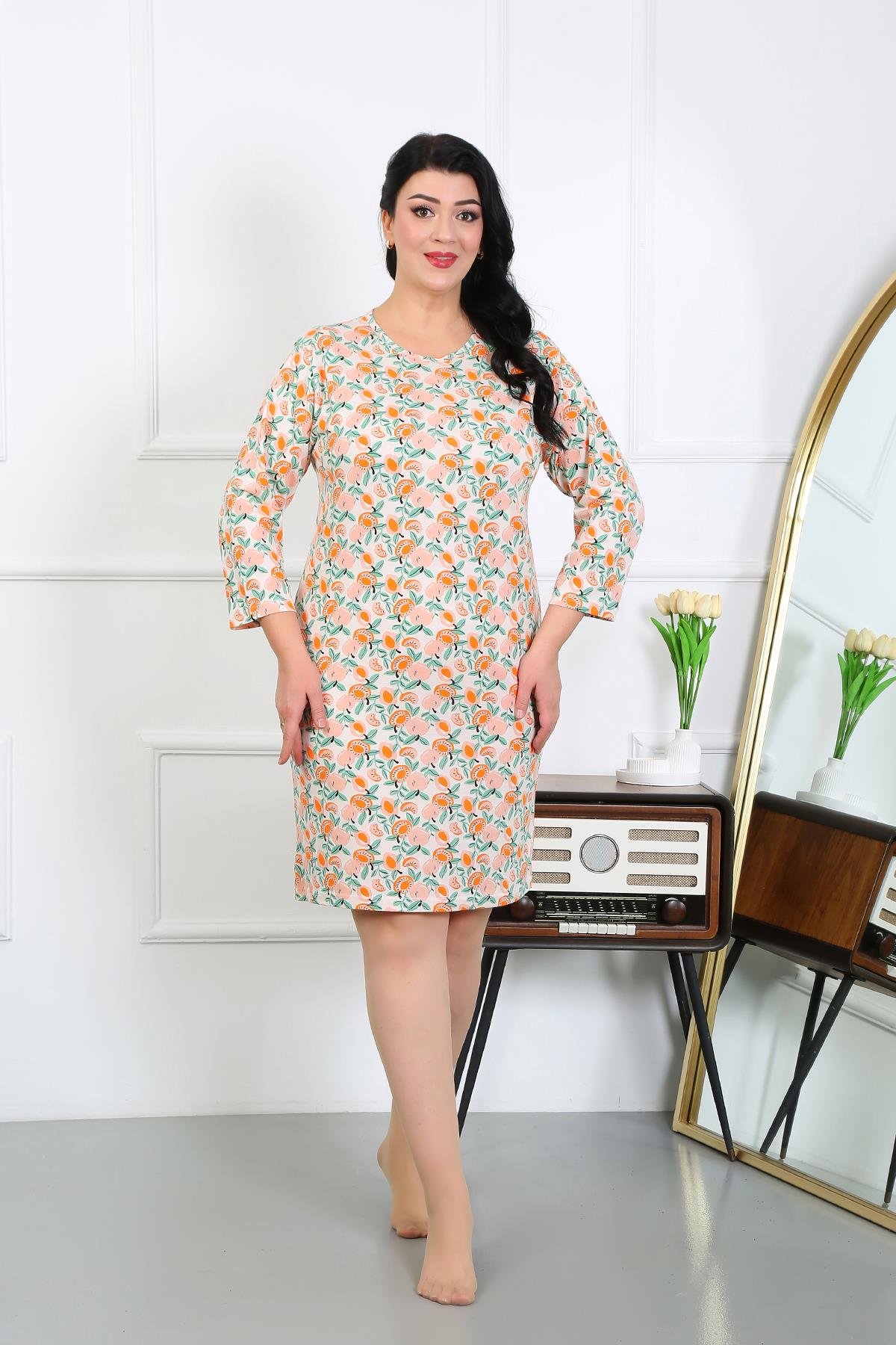 Akbeniz Kadın Büyük Beden Penye Gecelik Ev Elbisesi Krem 12507