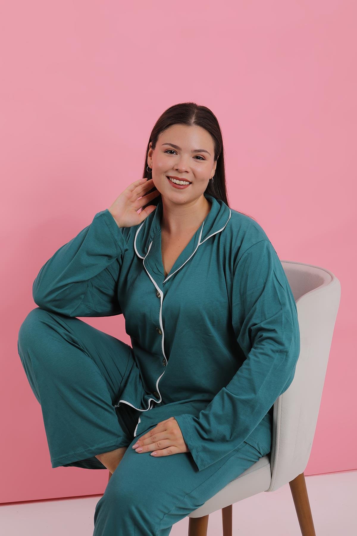 Akbeniz Kadın Büyük Beden Petrol Rengi Düğmeli Pijama Takımı