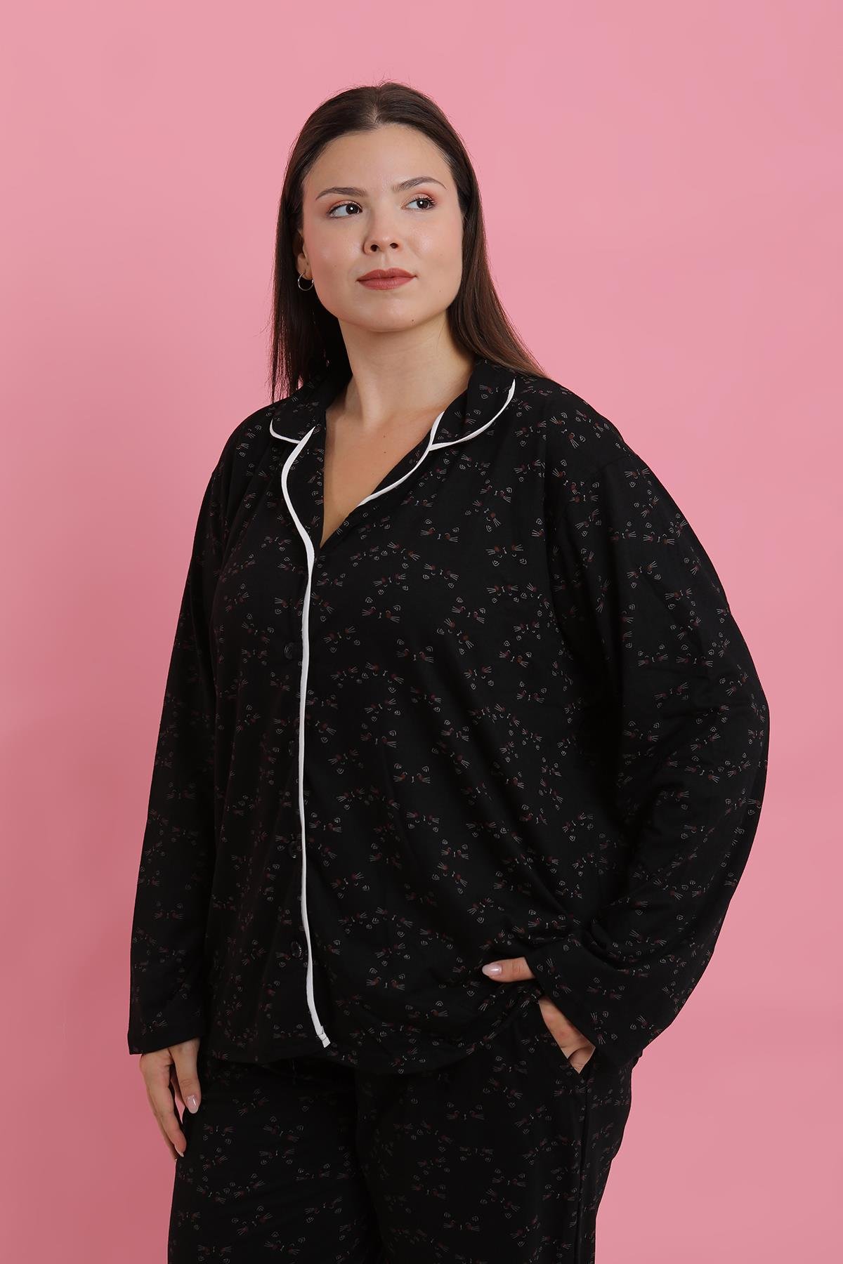 Akbeniz Kadın Büyük Beden Siyah Beyaz Biyeli Desenli Düğmeli Pijama Takımı