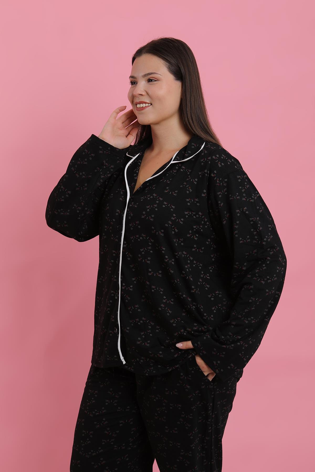 Akbeniz Kadın Büyük Beden Siyah Beyaz Biyeli Desenli Düğmeli Pijama Takımı