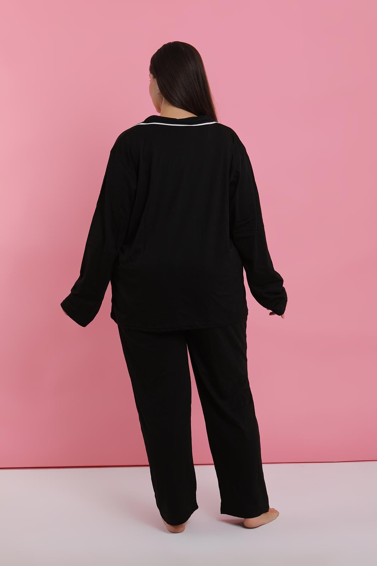 Akbeniz Kadın Büyük Beden Siyah Düğmeli Pijama Takımı