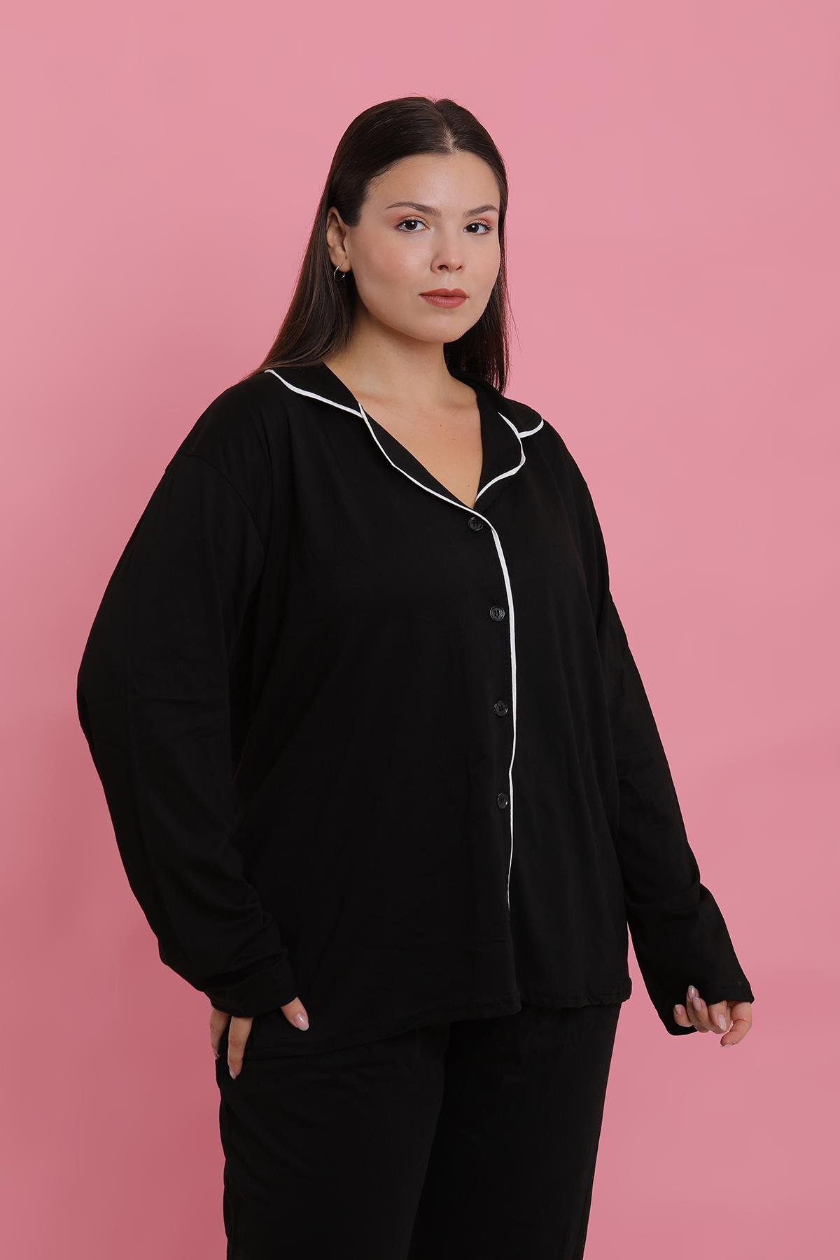 Akbeniz Kadın Büyük Beden Siyah Düğmeli Pijama Takımı