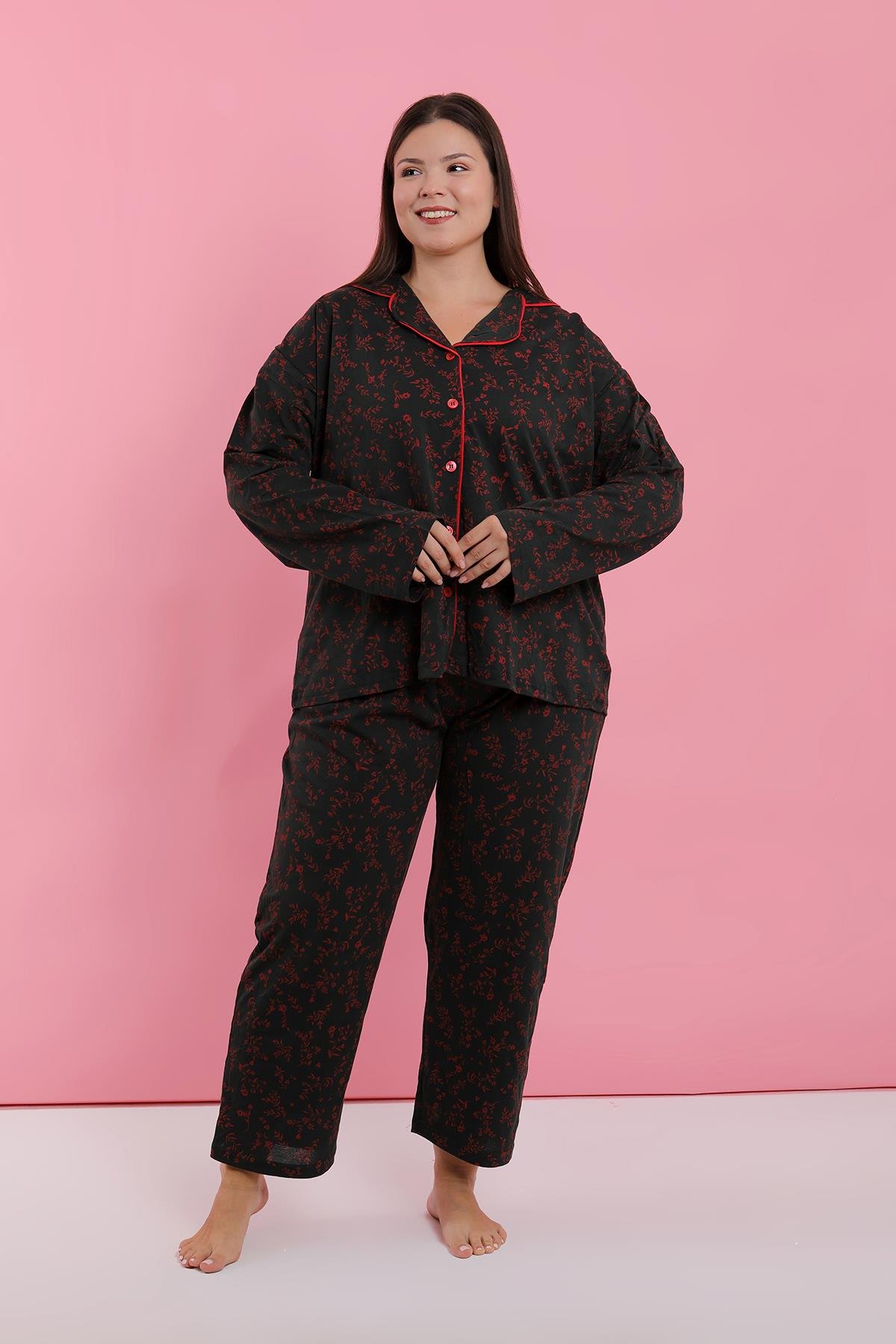 Akbeniz Kadın Büyük Beden Siyah Kırmızı Çiçekli Düğmeli Pijama Takımı