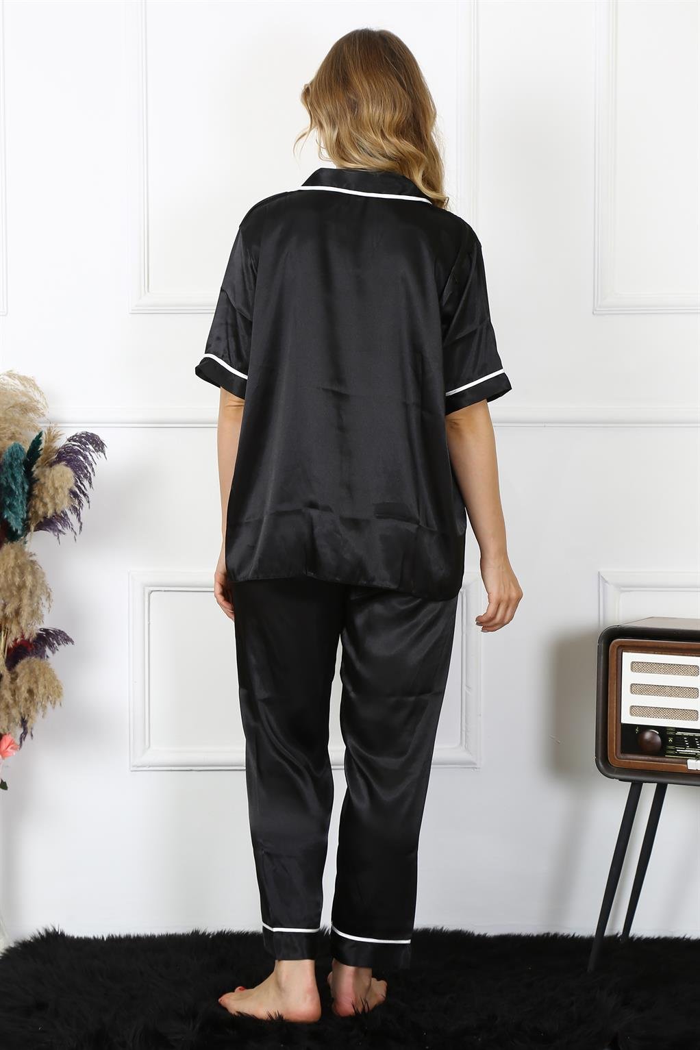 Akbeniz Kadın Büyük Beden Siyah Saten Pijama Takımı 10303