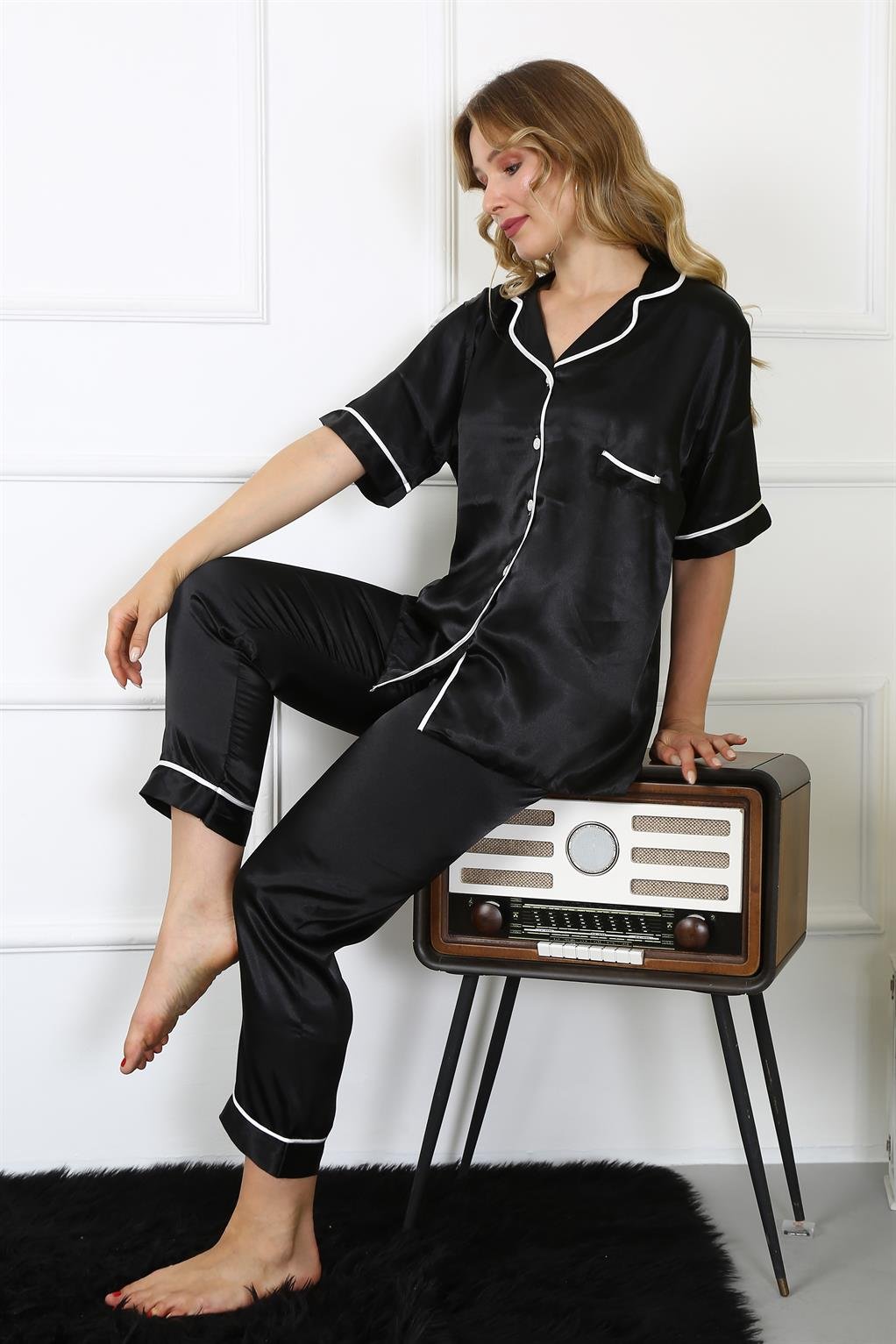 Akbeniz Kadın Büyük Beden Siyah Saten Pijama Takımı 10303