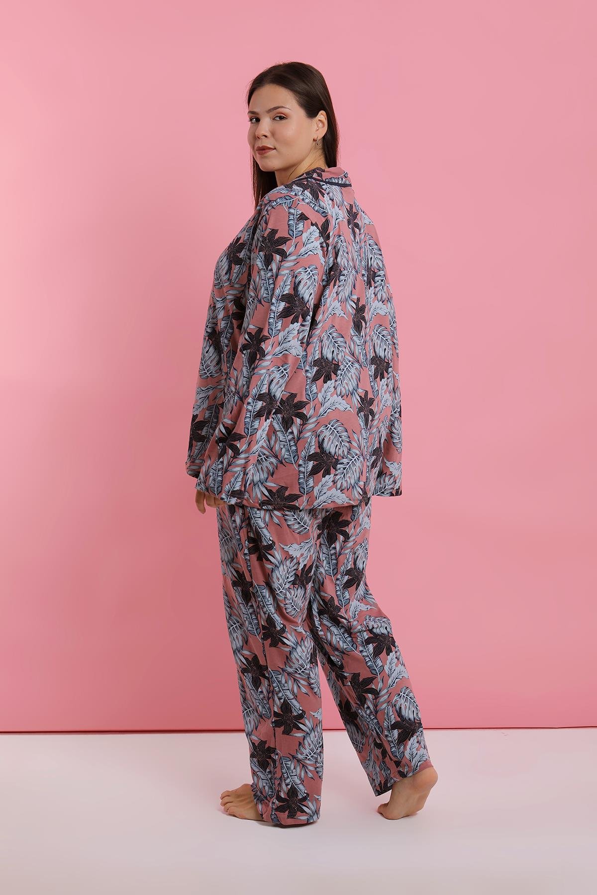 Akbeniz Kadın Büyük Beden Somon Yaprak Desenli Düğmeli Pijama Takımı