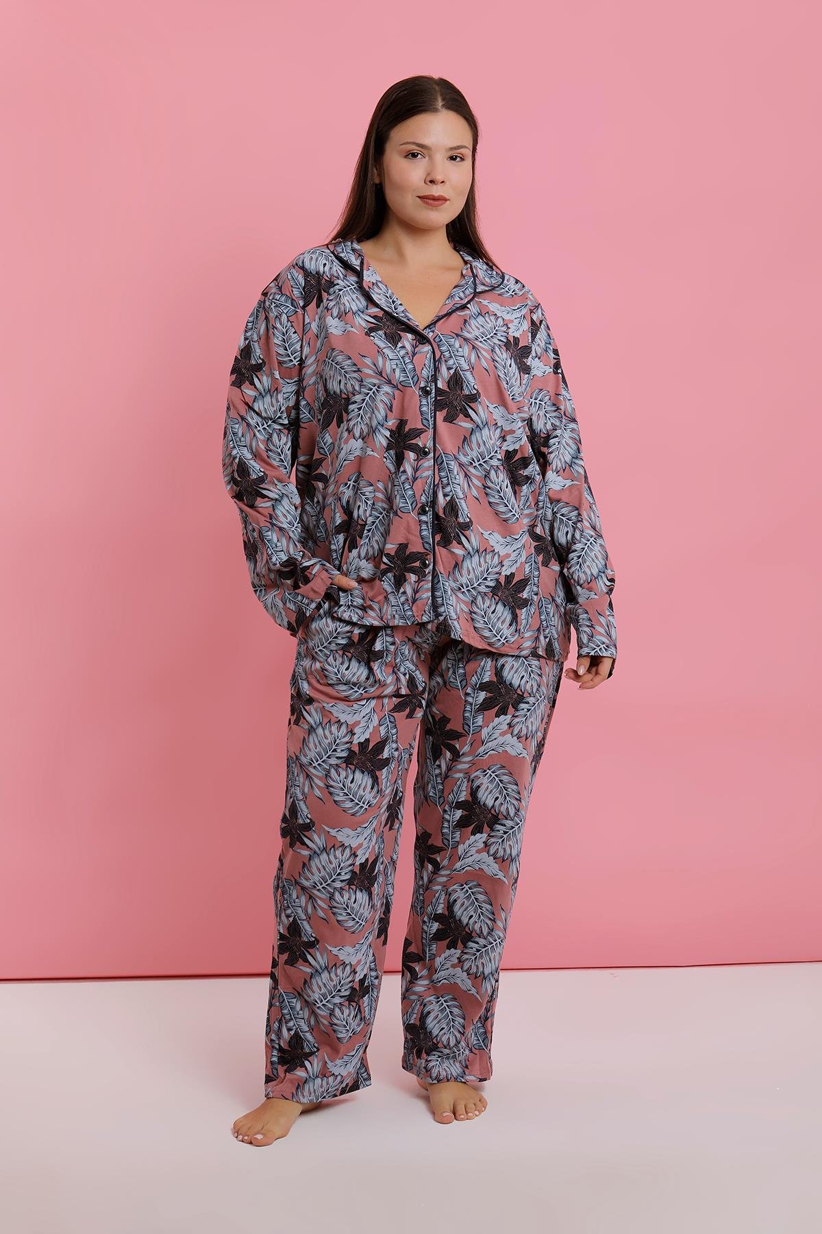 Akbeniz Kadın Büyük Beden Somon Yaprak Desenli Düğmeli Pijama Takımı