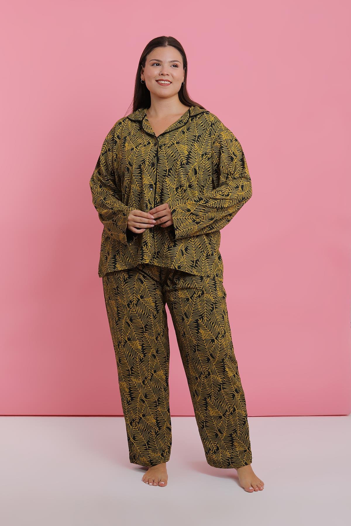 Akbeniz Kadın Büyük Beden Tropikal Yaprak Desenli Düğmeli Pijama Takımı
