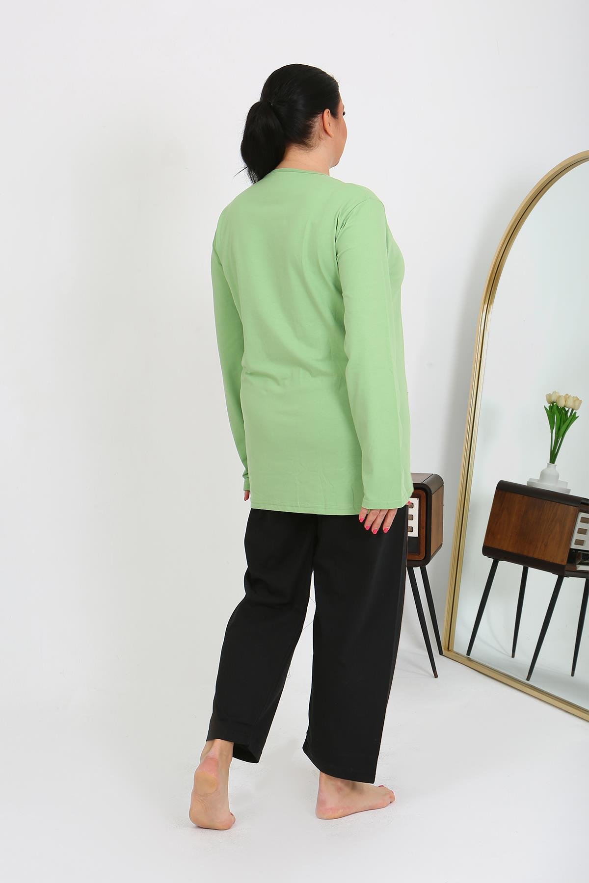 Akbeniz Kadın Büyük Beden Uzun Kol Penye Pijama Takımı Fıstık Yeşili 202408