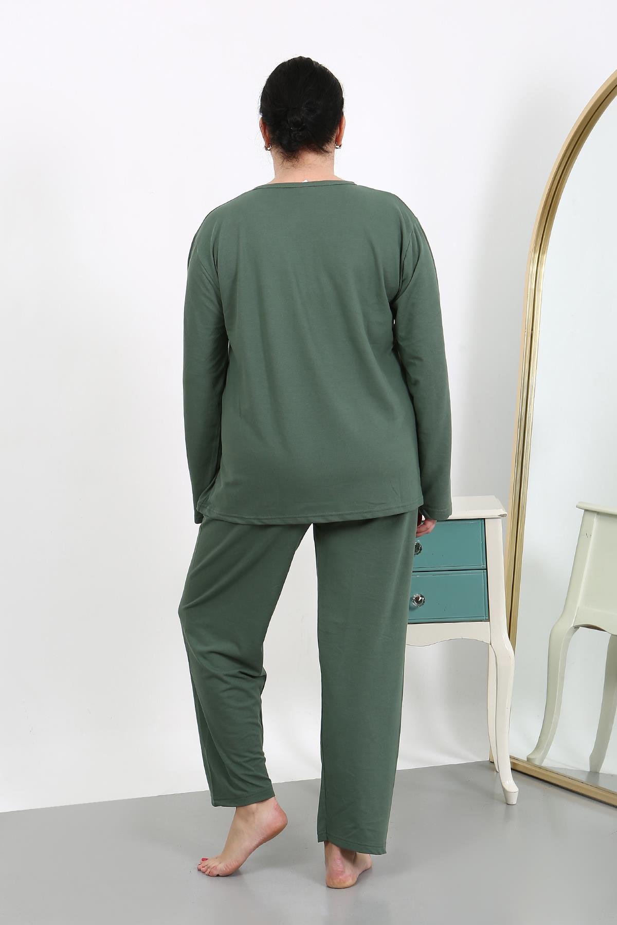 Akbeniz Kadın Büyük Beden Uzun Kol Penye Pijama Takımı Haki 202501