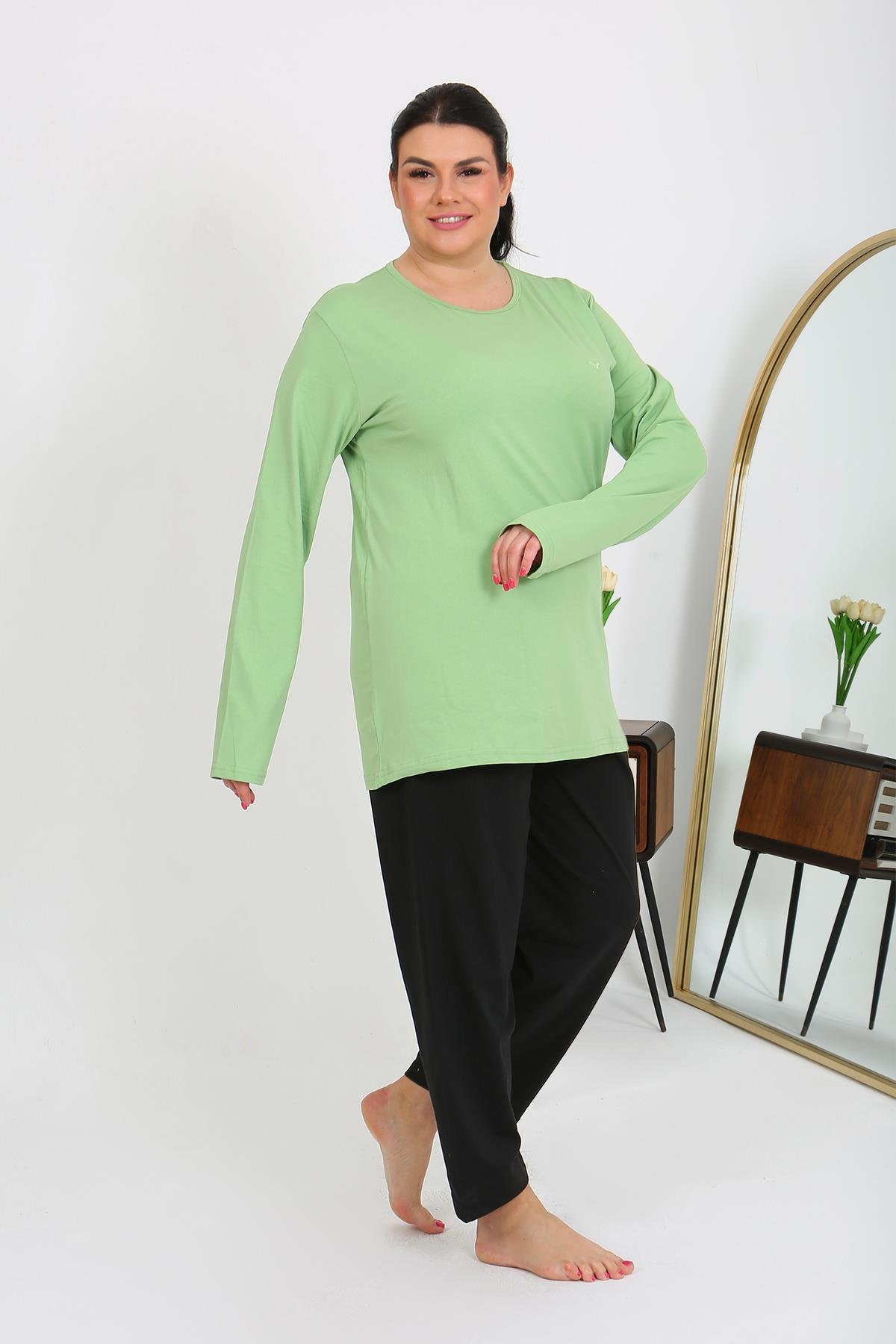 Akbeniz Kadın Büyük Beden Uzun Kol Penye Pijama Takımı Fıstık Yeşili 202408