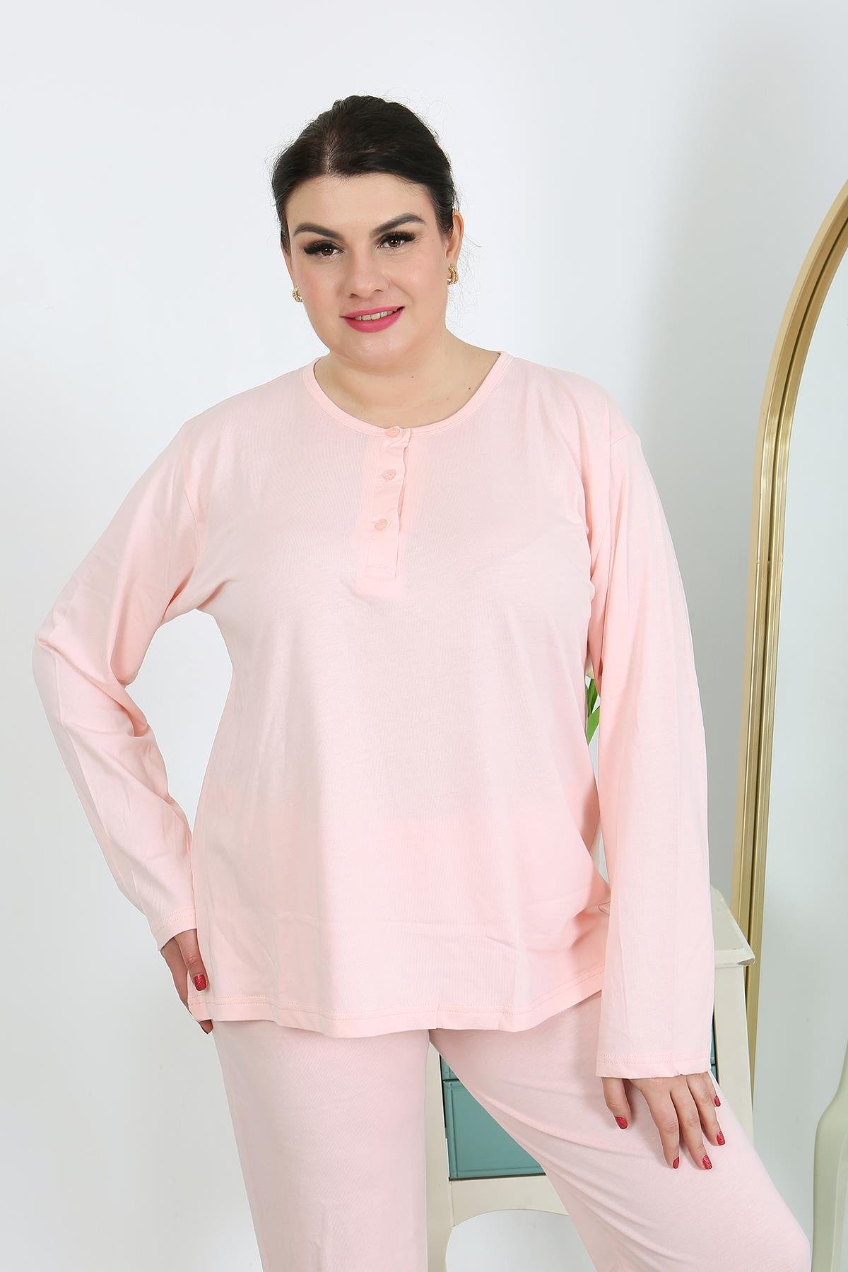 Akbeniz Kadın Büyük Beden Uzun Kol Penye Pijama Takımı Pembe 202501