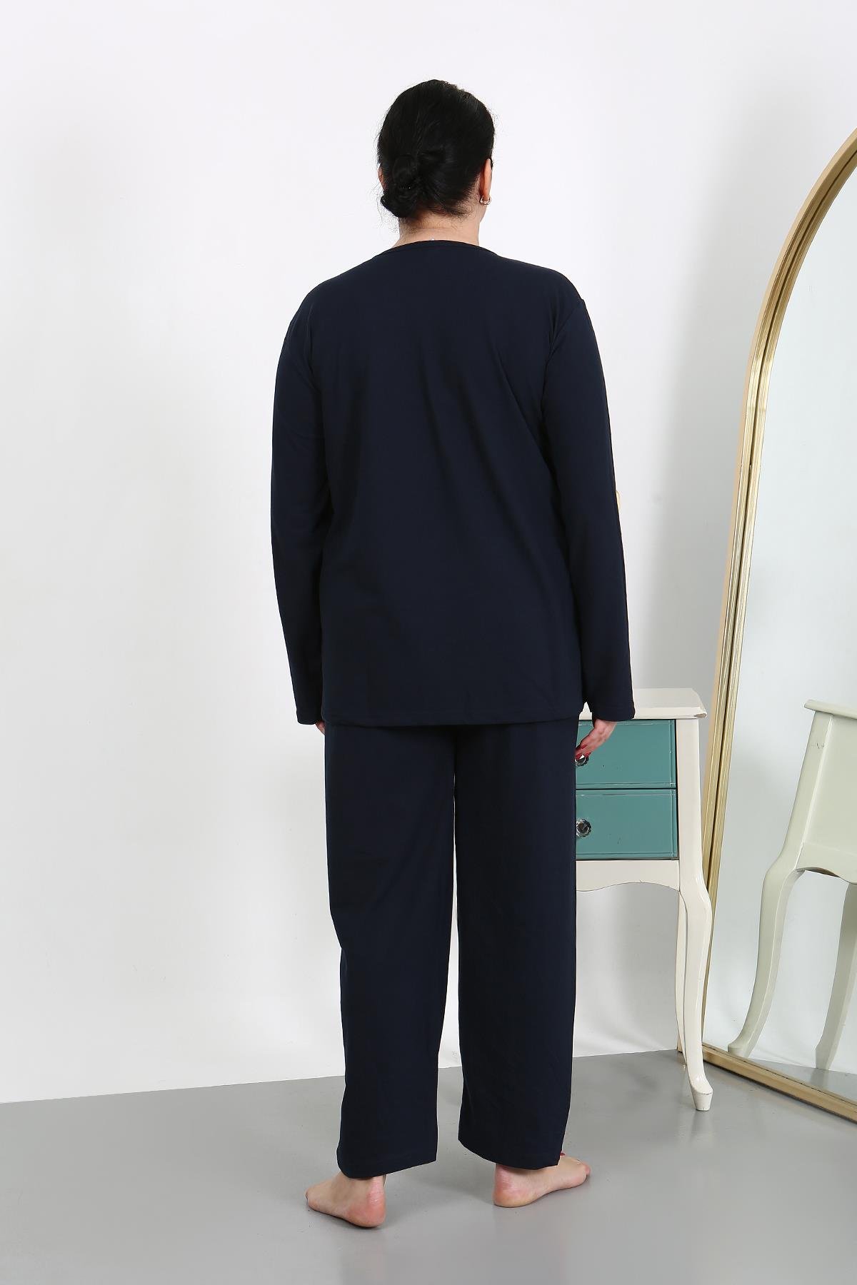 Akbeniz Kadın Büyük Beden Uzun Kol Penye Pijama Takımı Lacivert 202501