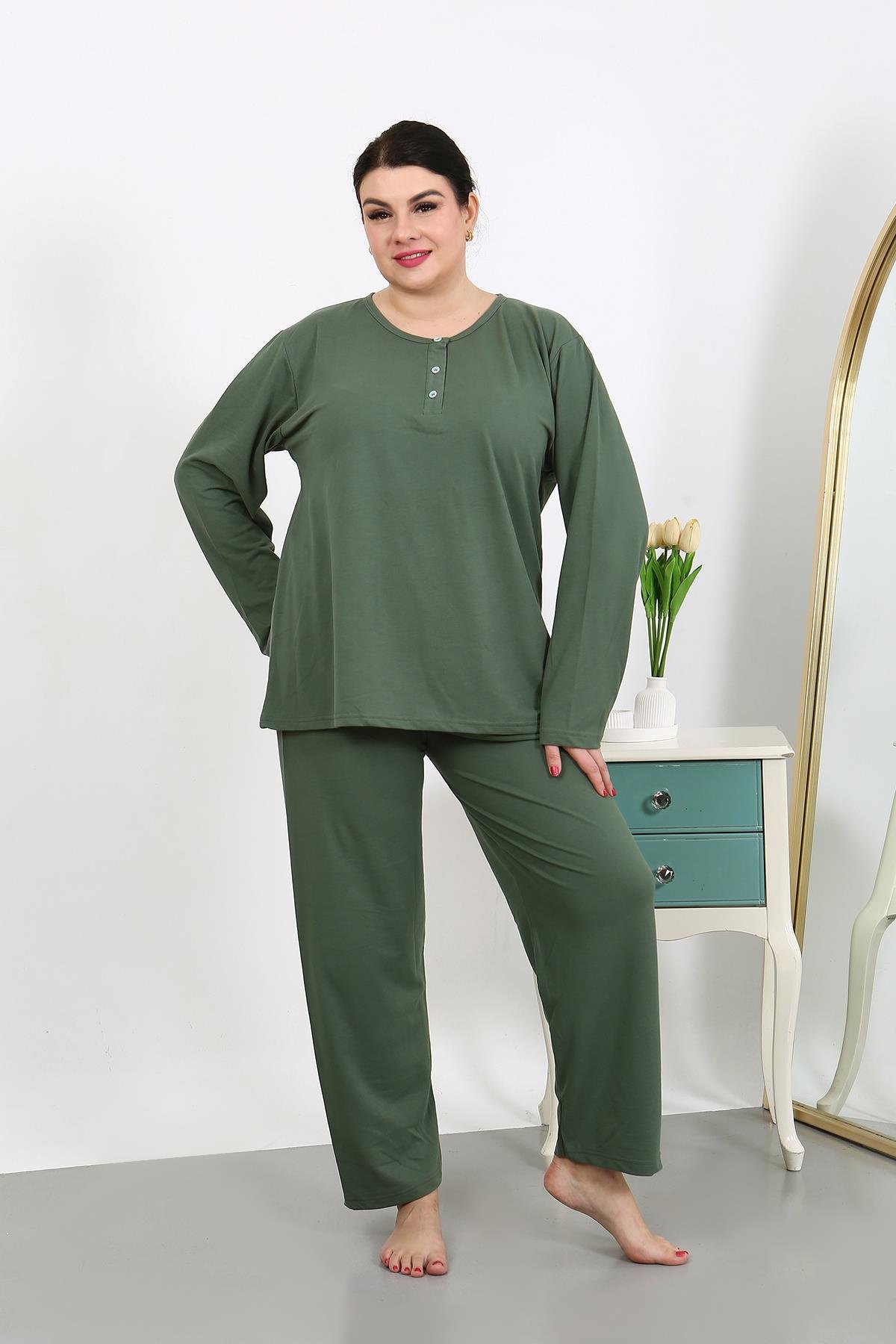 Akbeniz Kadın Büyük Beden Uzun Kol Penye Pijama Takımı Haki 202501