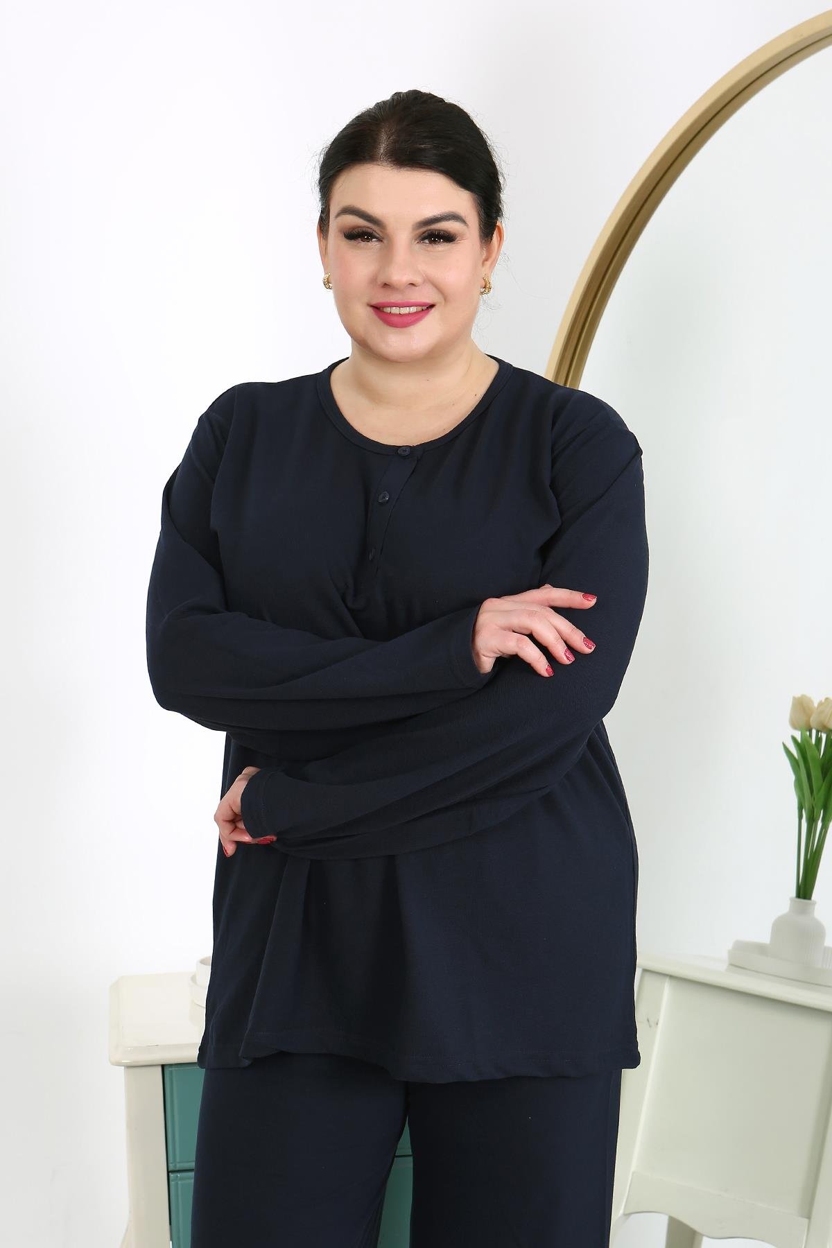 Akbeniz Kadın Büyük Beden Uzun Kol Penye Pijama Takımı Lacivert 202501