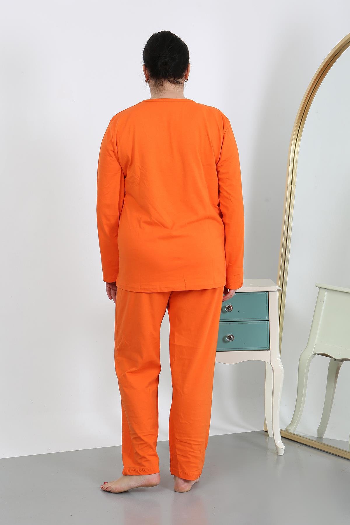 Akbeniz Kadın Büyük Beden Uzun Kol Penye Pijama Takımı Turuncu 202501