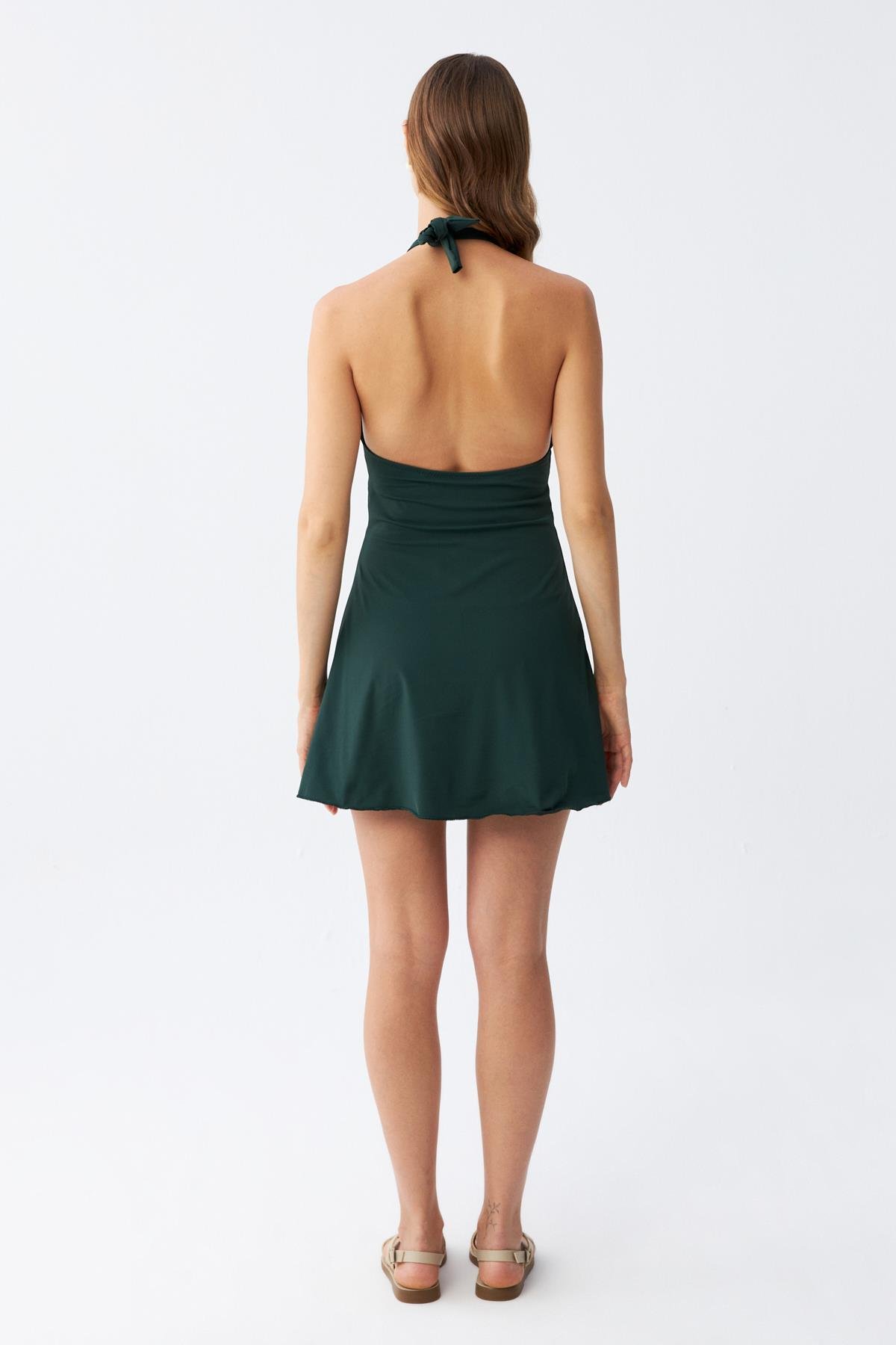 Akbeniz Kadın Çiçek Desenli Fiyonklu Haki Elbise Mayo