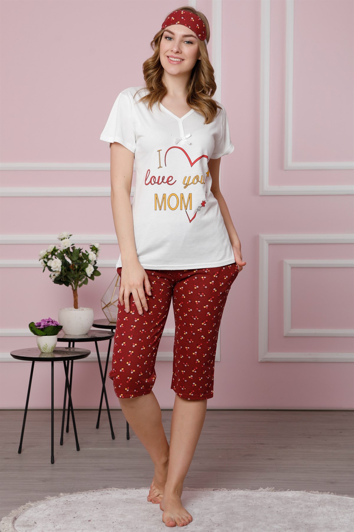 Akbeniz Kadın Ekru Pamuklu Cepli Kapri Pijama Takım 3515