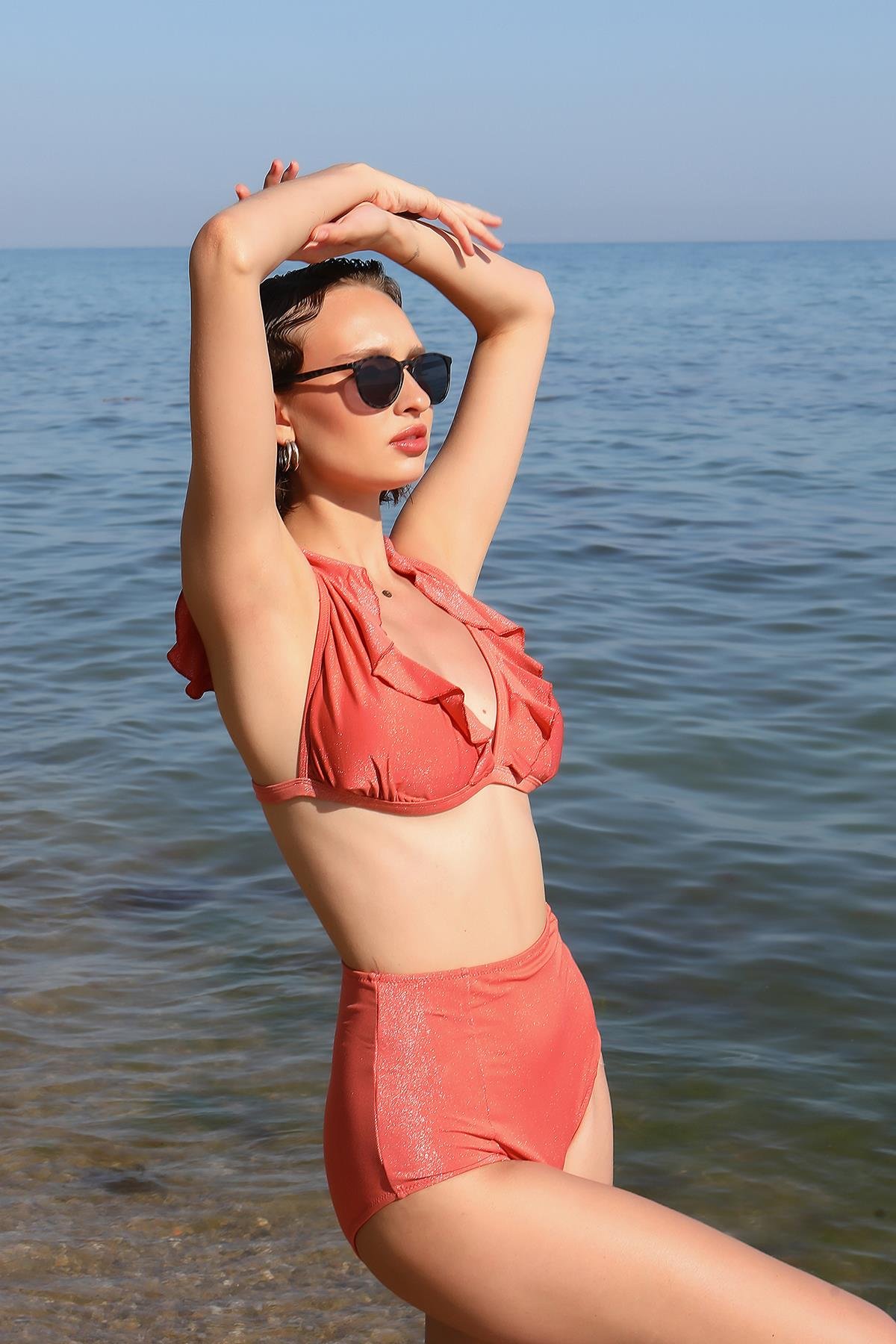 Akbeniz Kadın Fırfırlı Yüksek Bel Kiremit Alt Üst Bikini Takım 35010
