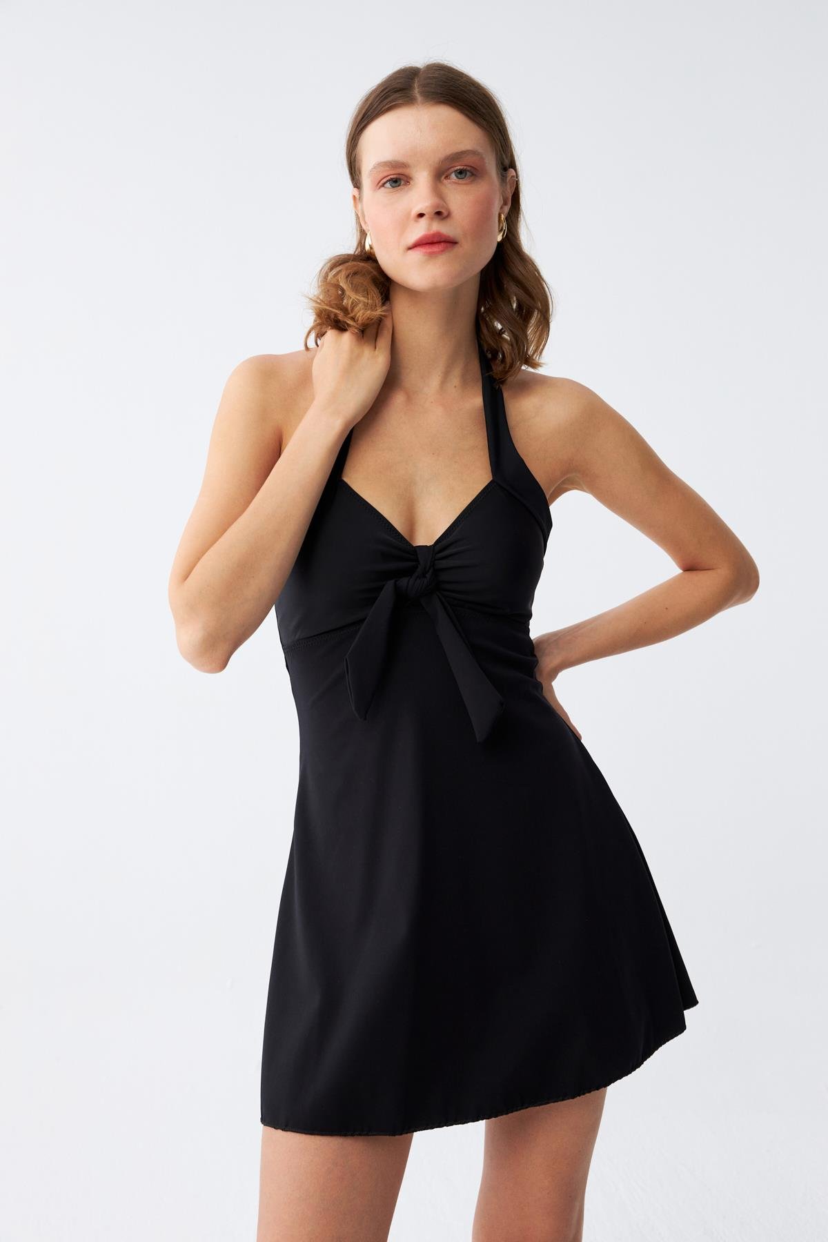 Akbeniz Kadın Fiyonklu Siyah Elbise Mayo