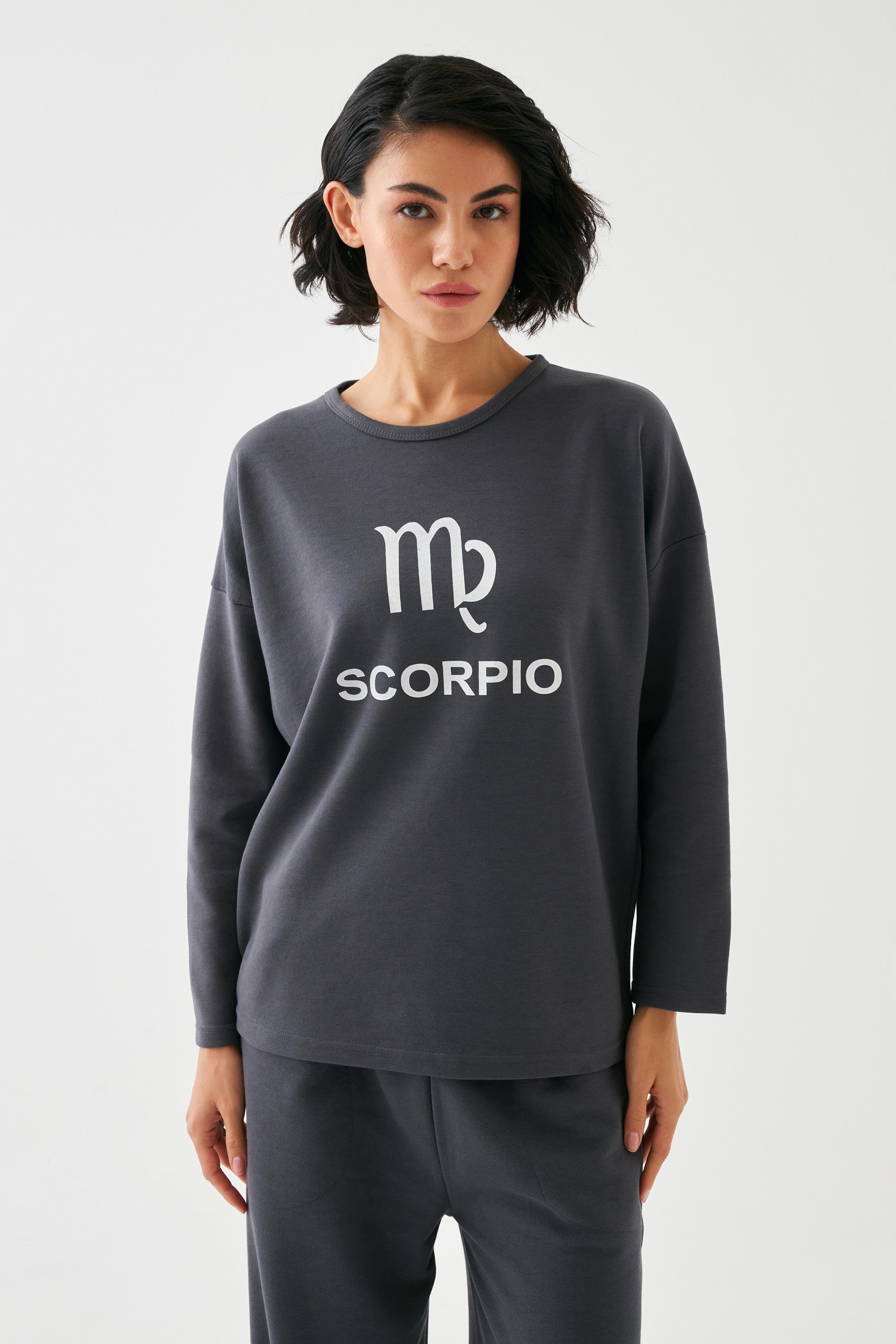 Akbeniz Kadın Füme Akrep Burcu Oversize 2 İplik Eşofman Ev Giyim Takımı